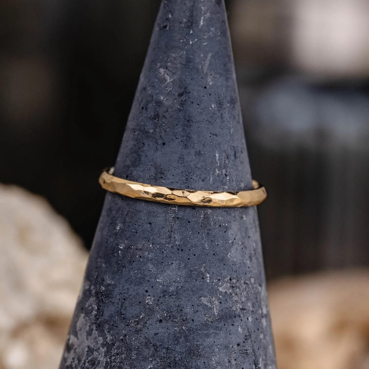 The Rosalind | 2mm Women's Hammered Yellow Gold Stacking Ring