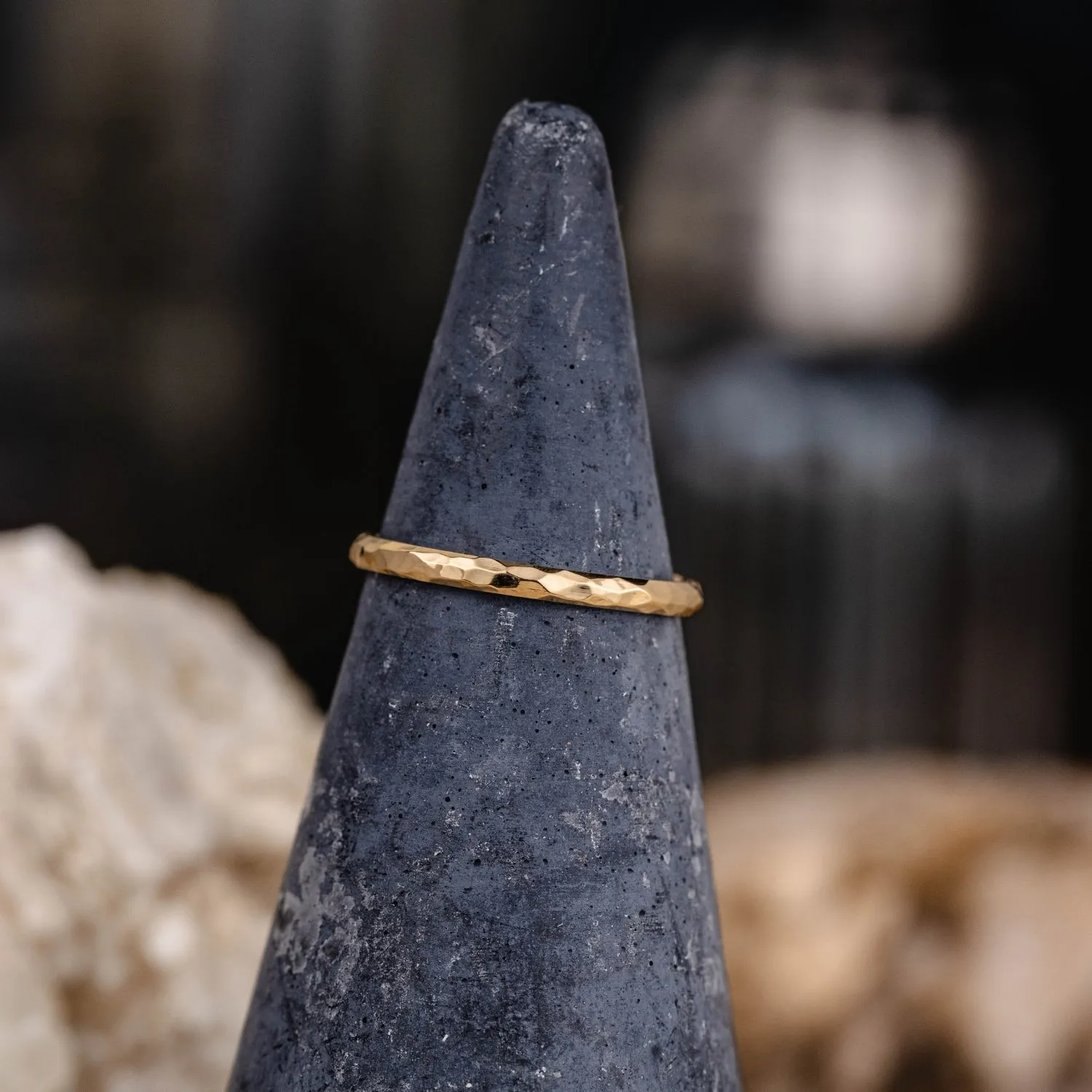 The Rosalind | 2mm Women's Hammered Yellow Gold Stacking Ring