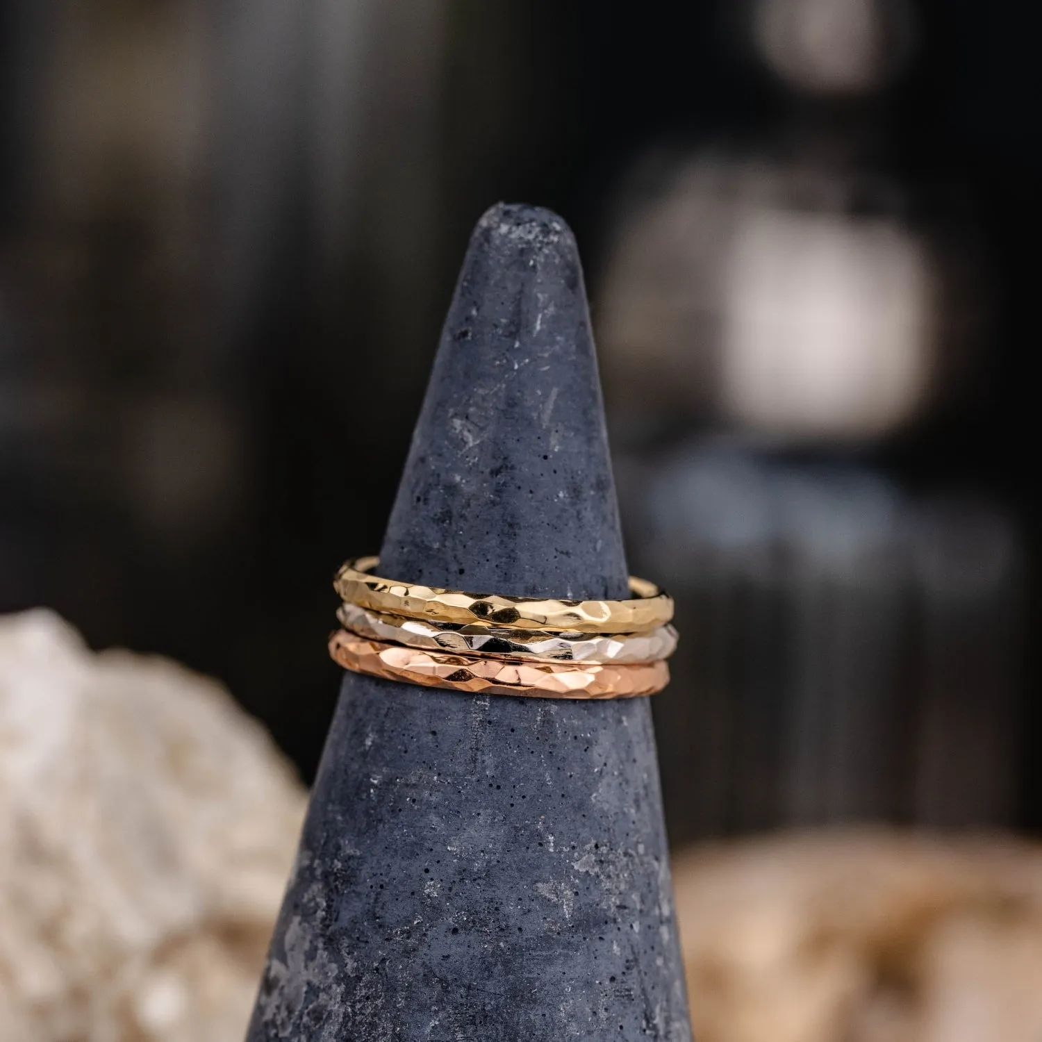 The Rosalind | 2mm Women's Hammered Yellow Gold Stacking Ring