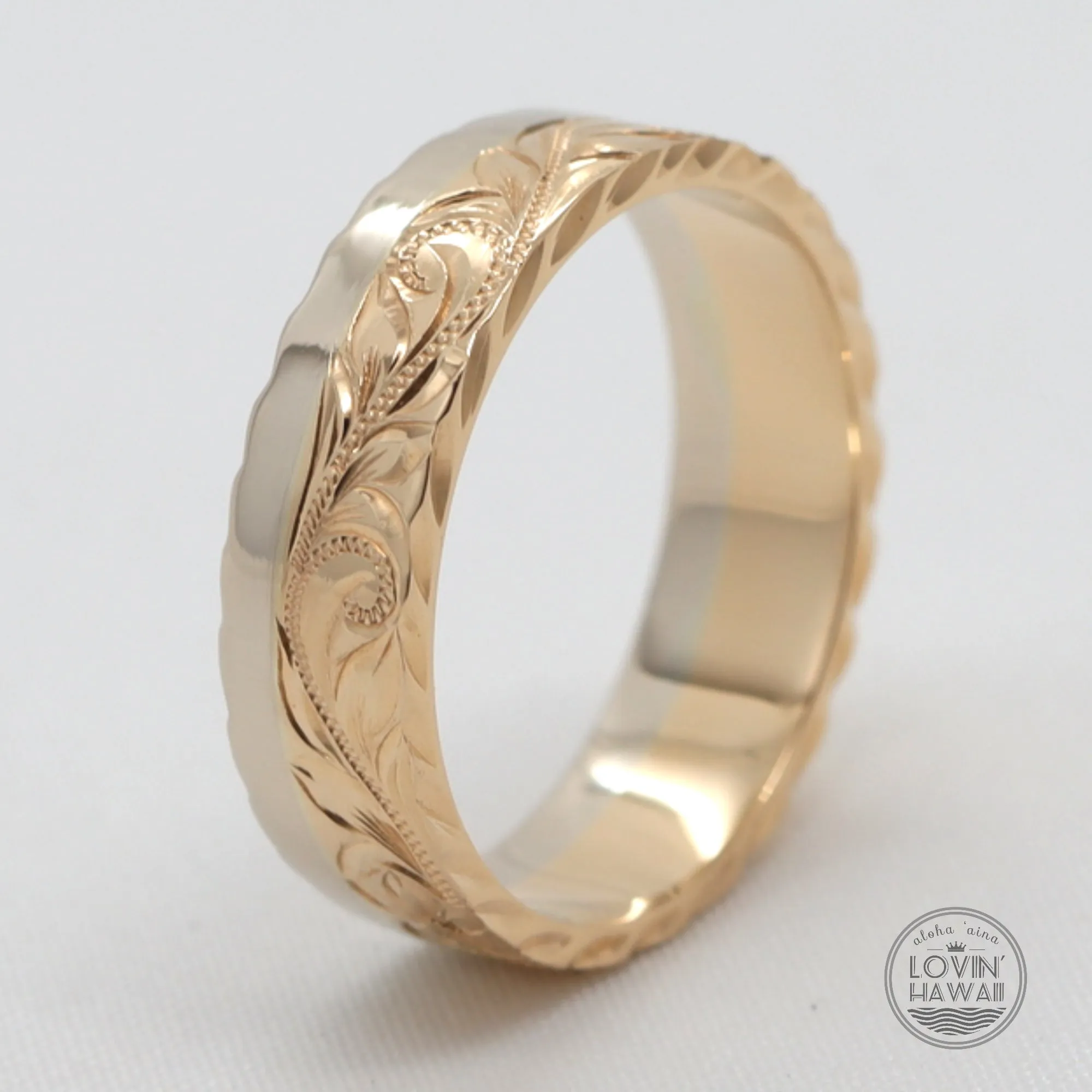 Two Tone Hawaiian Gold Ring, Hand Engraved Design ( 6mm Width)