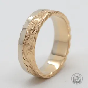 Two Tone Hawaiian Gold Ring, Hand Engraved Design ( 6mm Width)