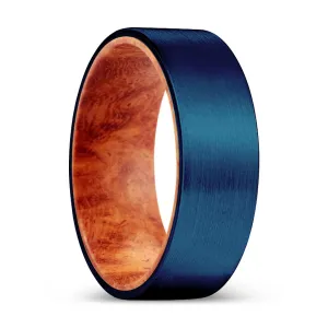 TYPHOON | Red Burl Wood, Blue Tungsten Ring, Brushed, Flat