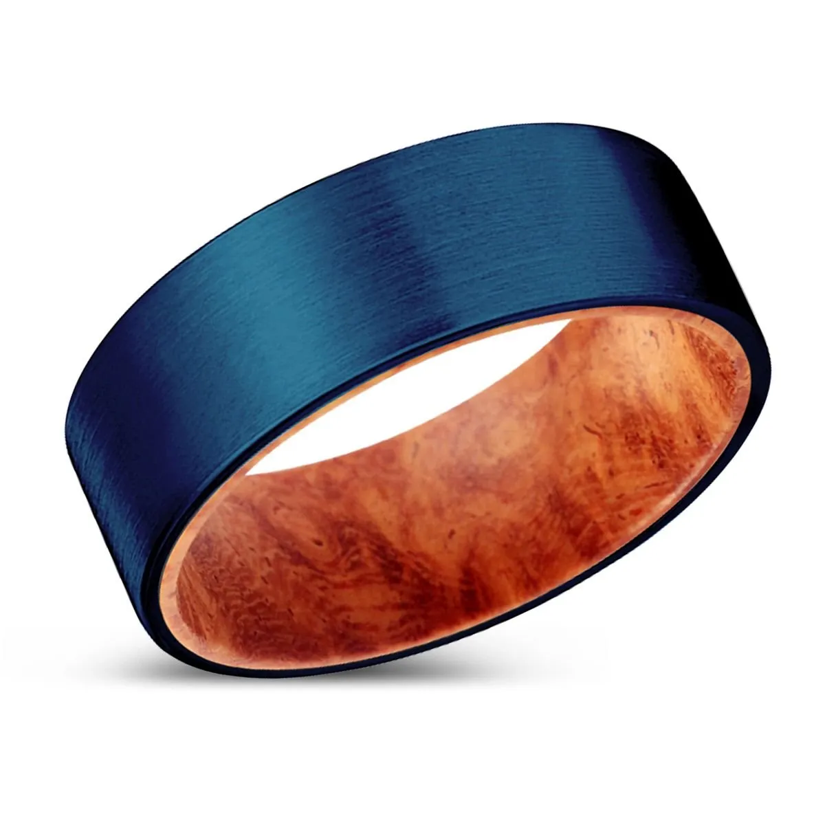 TYPHOON | Red Burl Wood, Blue Tungsten Ring, Brushed, Flat