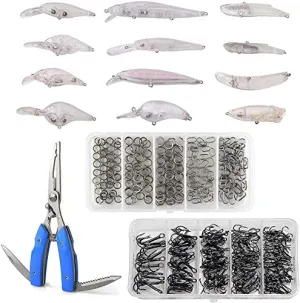 Unpainted Fishing Blank Lures DIY Crankbait Lures Kits, 313Pcs Including Fishing Treble Hooks Set Split Rings Kit Fishing Pliers Scissors DIY Hard Bait Fishing Tackle
