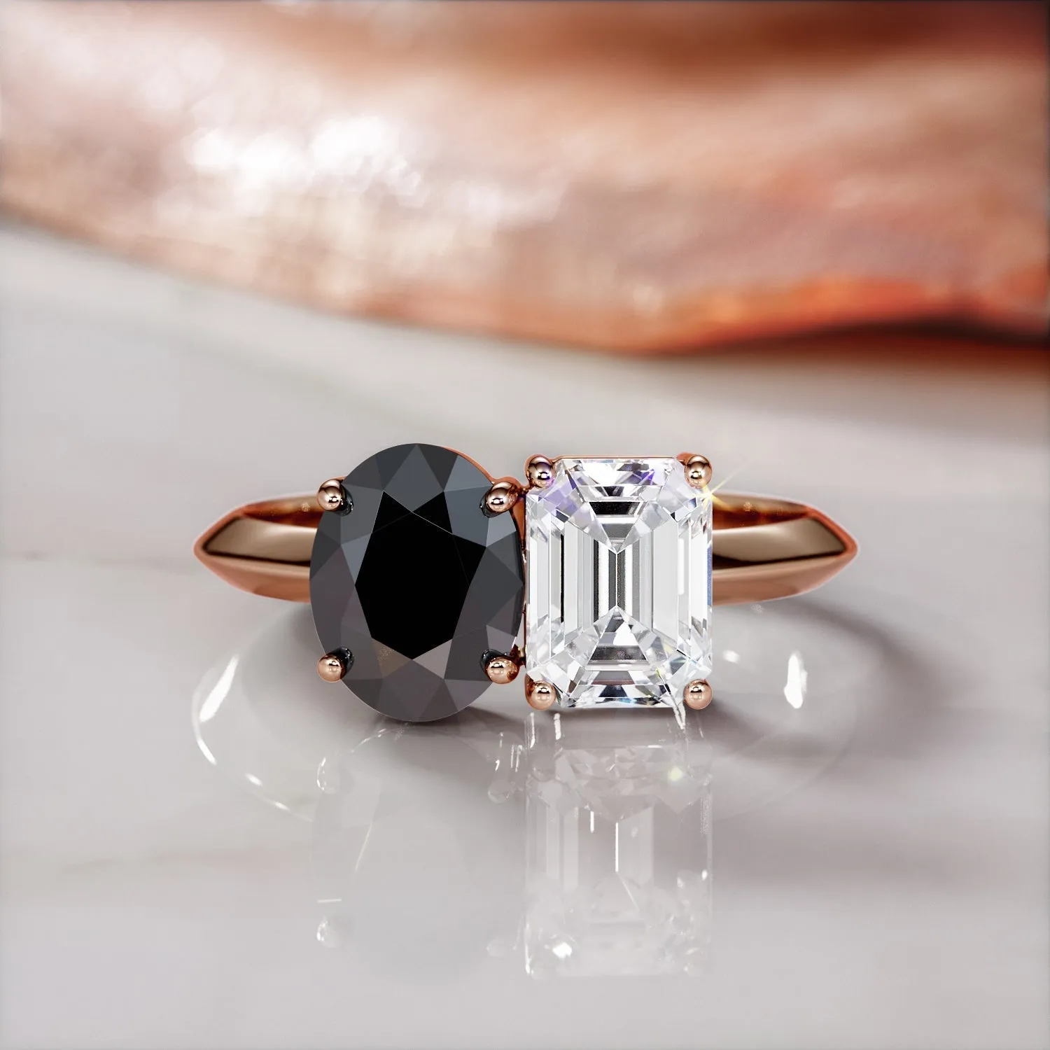 Venus Moons -   Two Stone  Natural Black Diamond Oval Engagement Ring  in Rose Gold