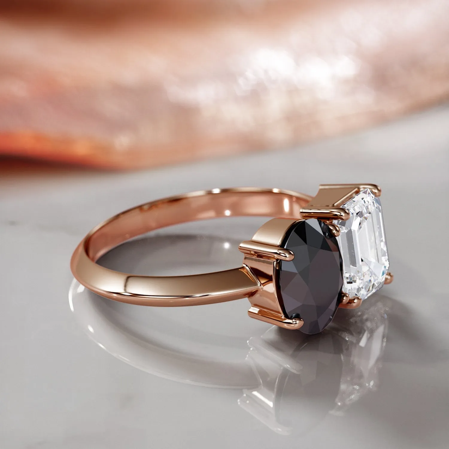 Venus Moons -   Two Stone  Natural Black Diamond Oval Engagement Ring  in Rose Gold