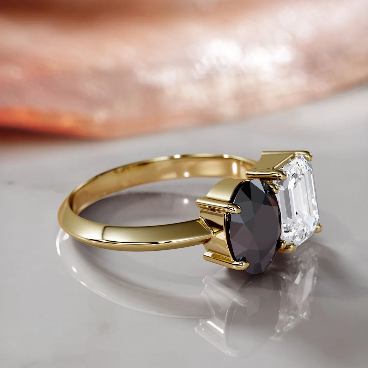 Venus Moons- Two Stone Natural Black Diamond Oval Engagement Ring in Yellow Gold