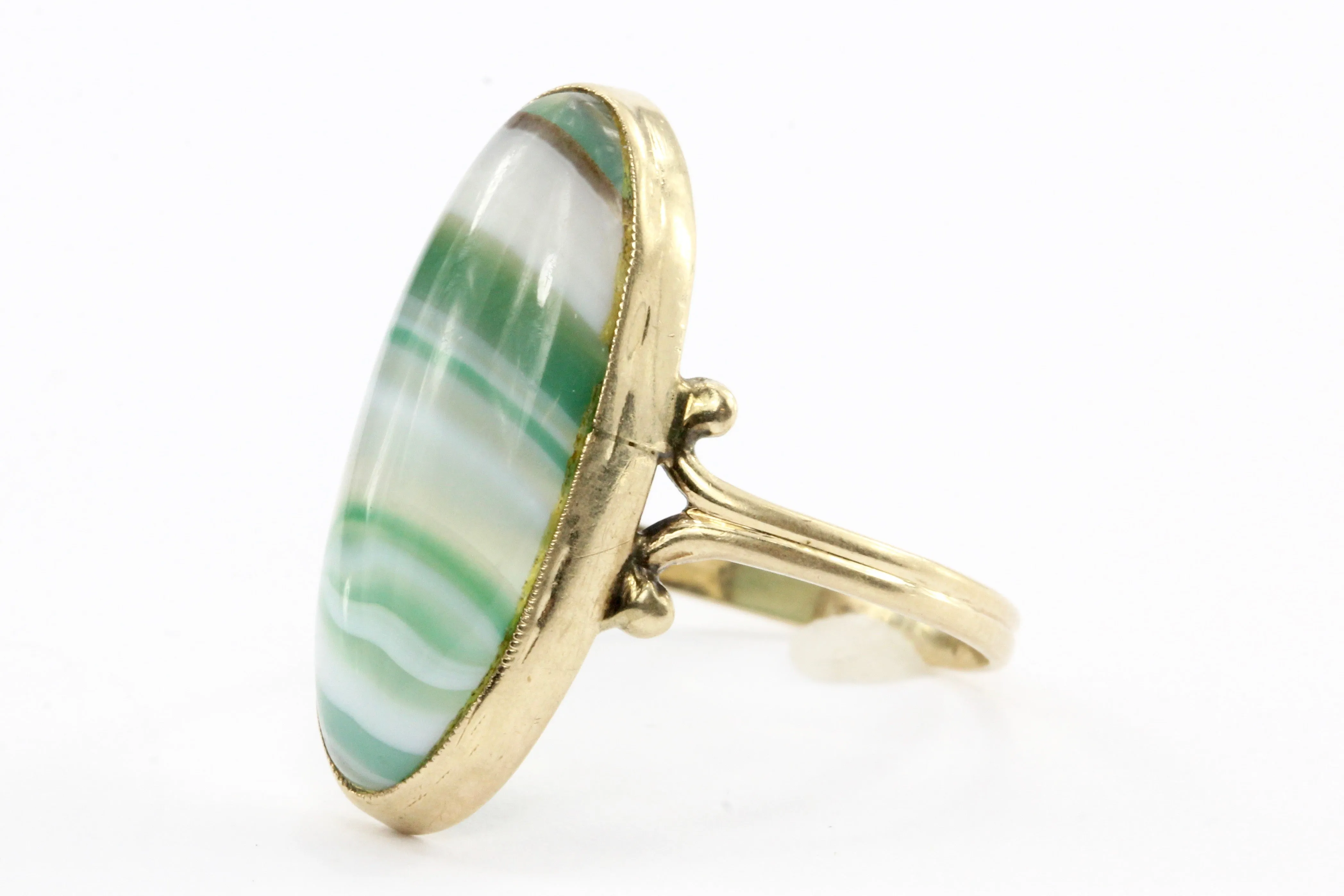 Victorian 10K Gold Green Banded Agate Ring c.1880's