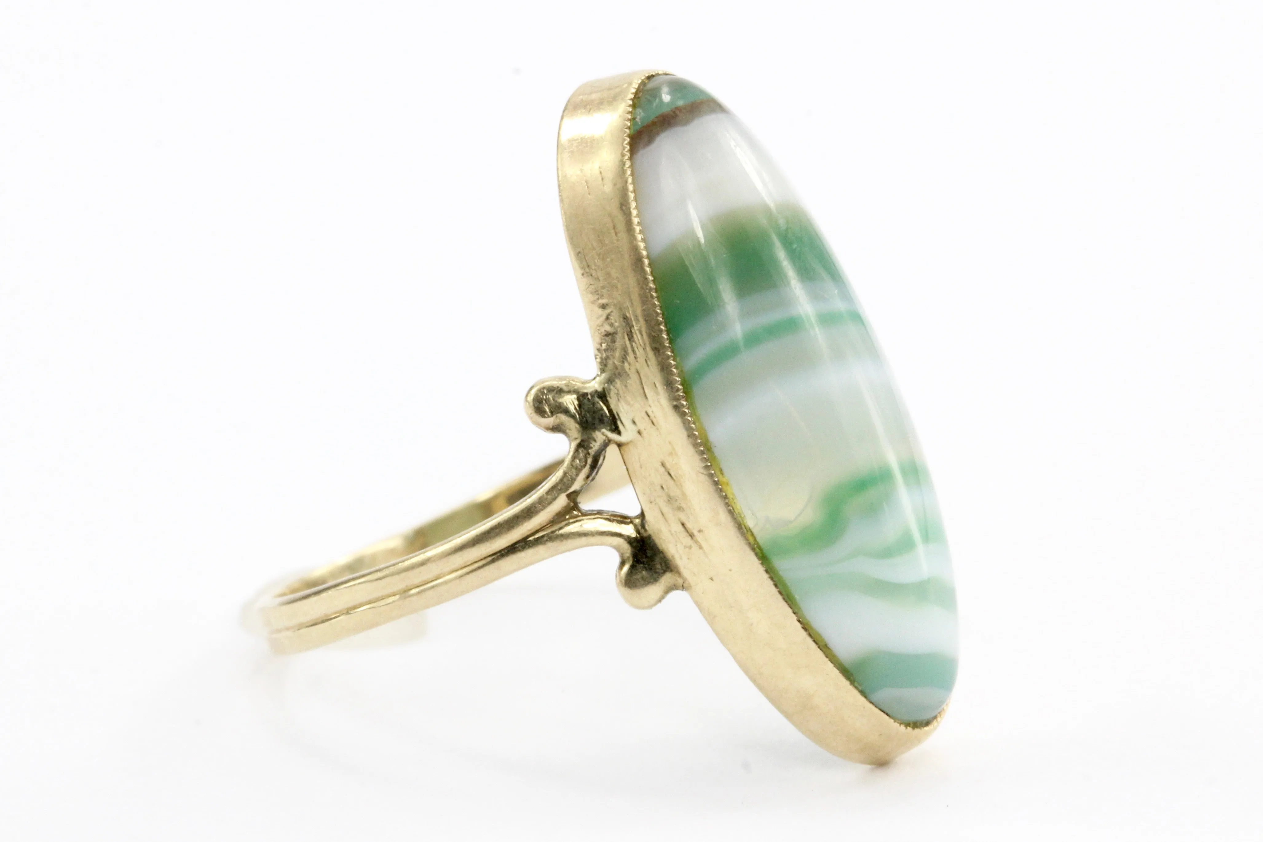 Victorian 10K Gold Green Banded Agate Ring c.1880's