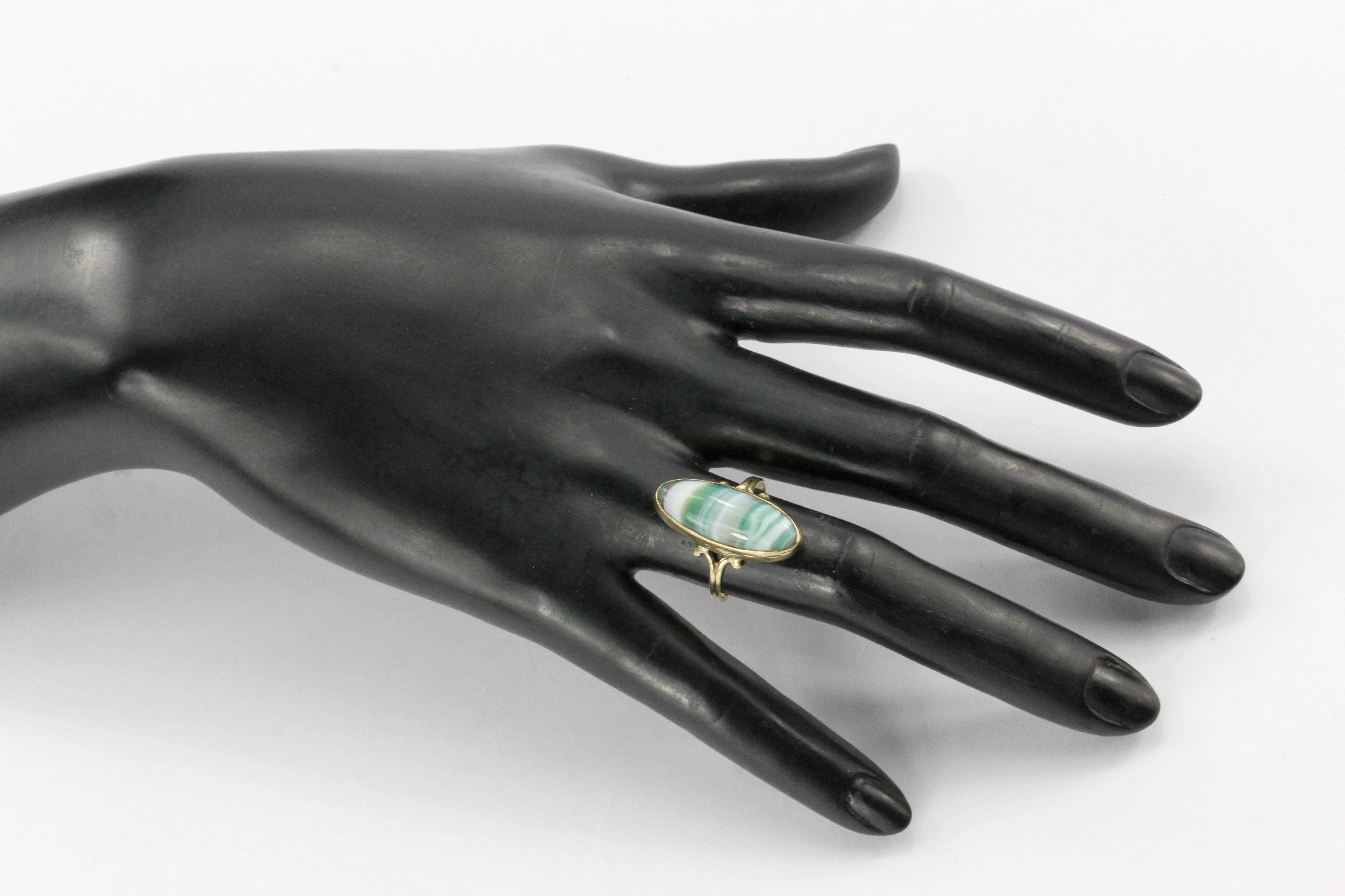Victorian 10K Gold Green Banded Agate Ring c.1880's
