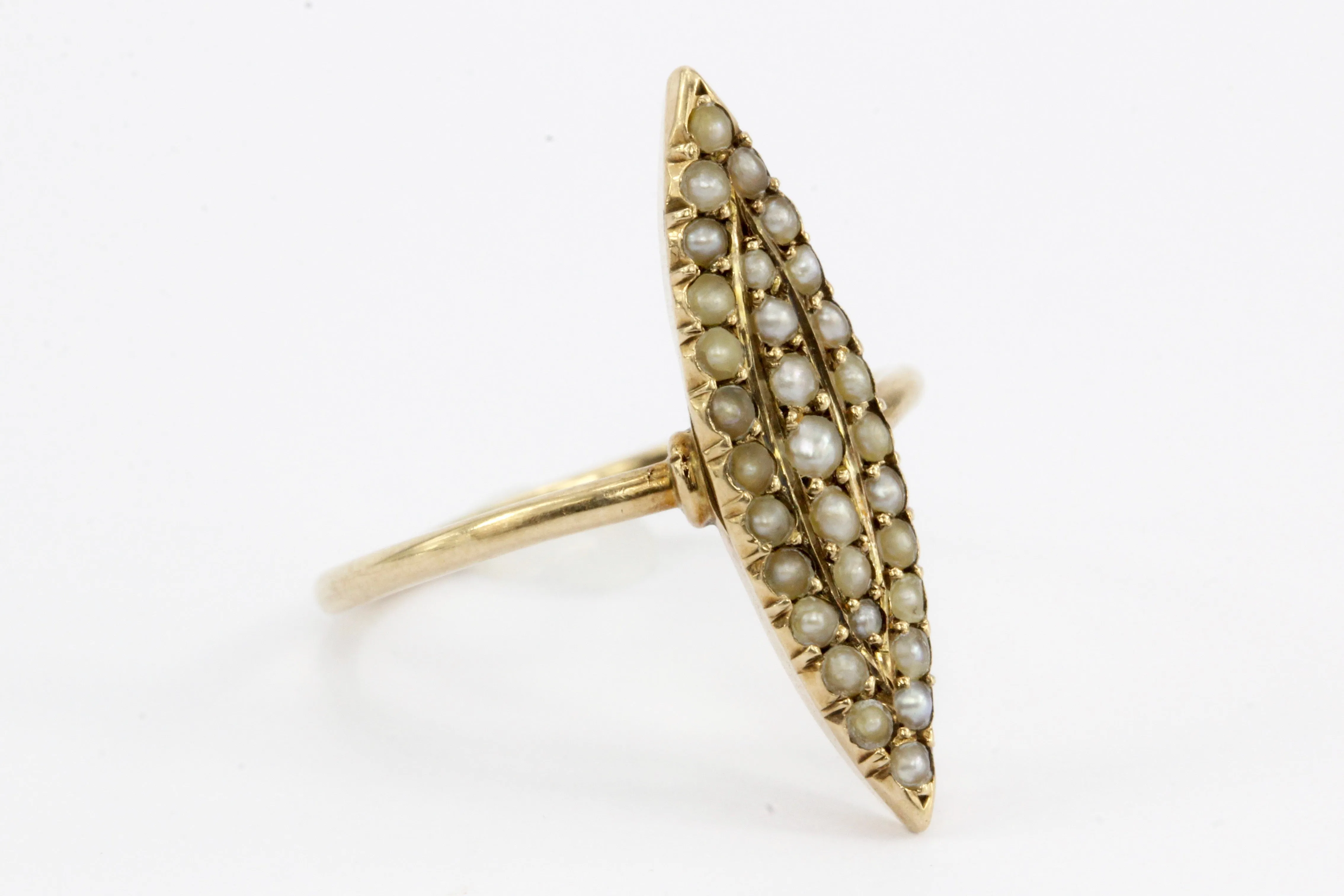 Victorian 10K Rose Gold Seed Pearl Navette Ring c.1890's