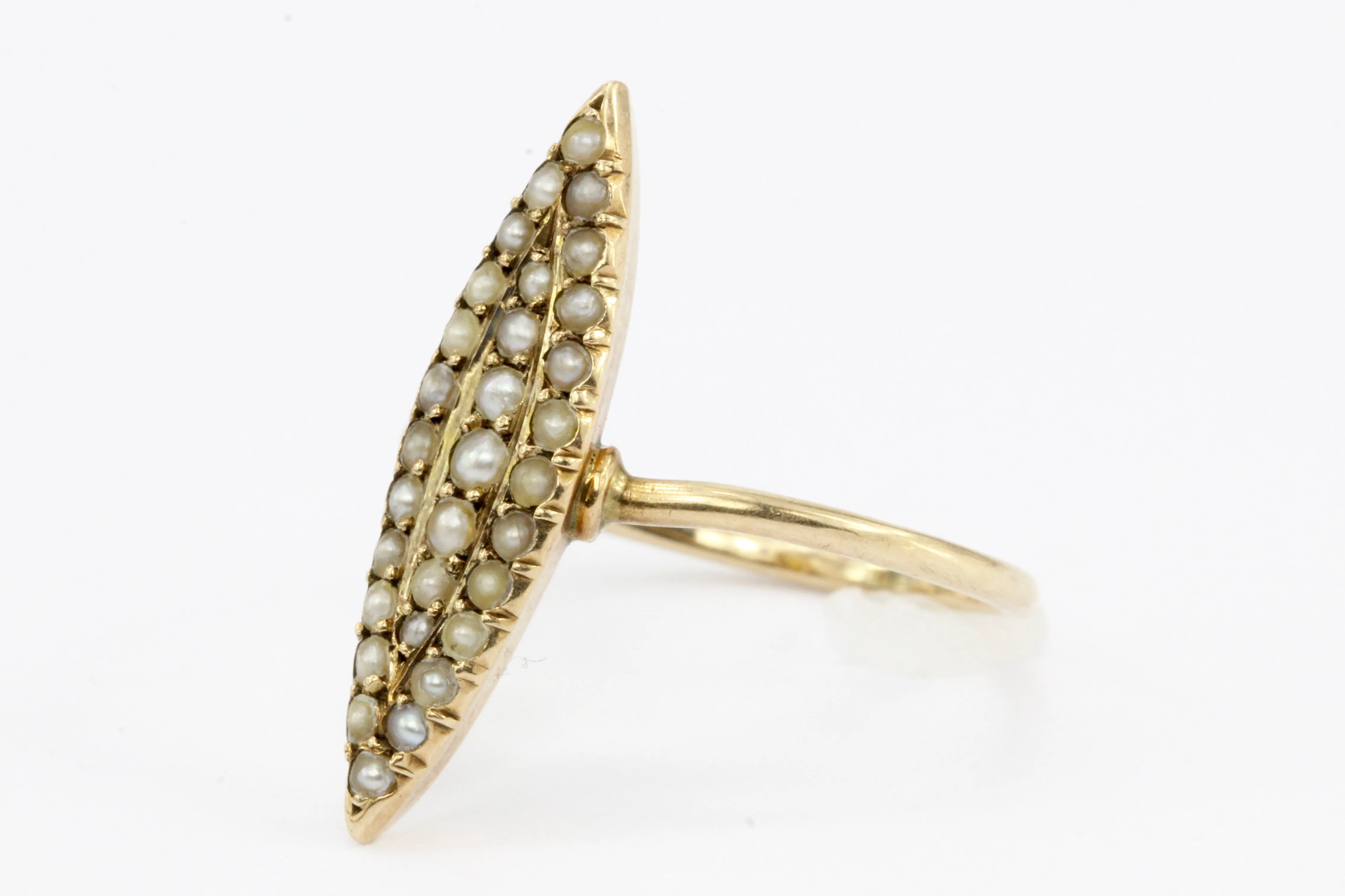 Victorian 10K Rose Gold Seed Pearl Navette Ring c.1890's