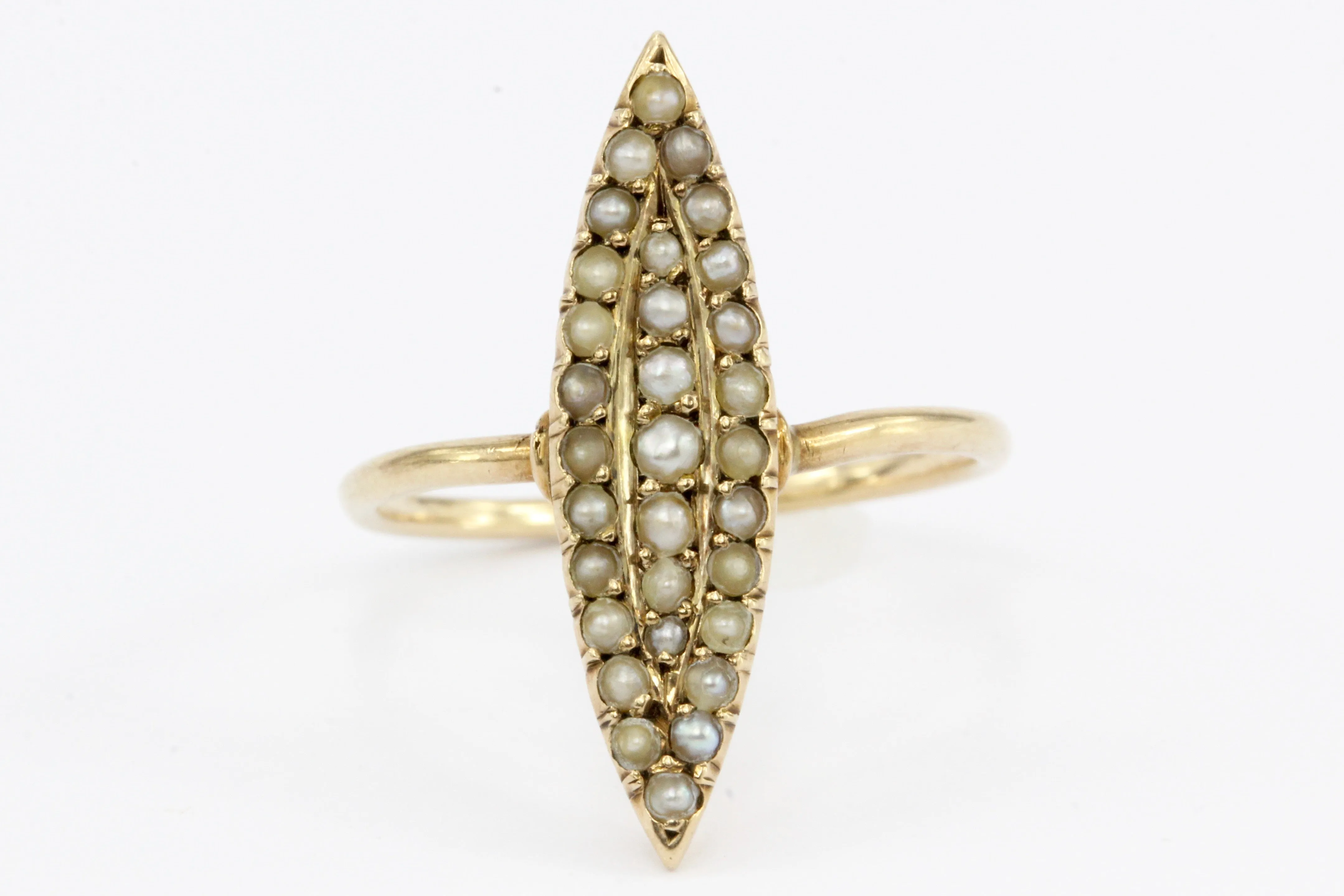 Victorian 10K Rose Gold Seed Pearl Navette Ring c.1890's