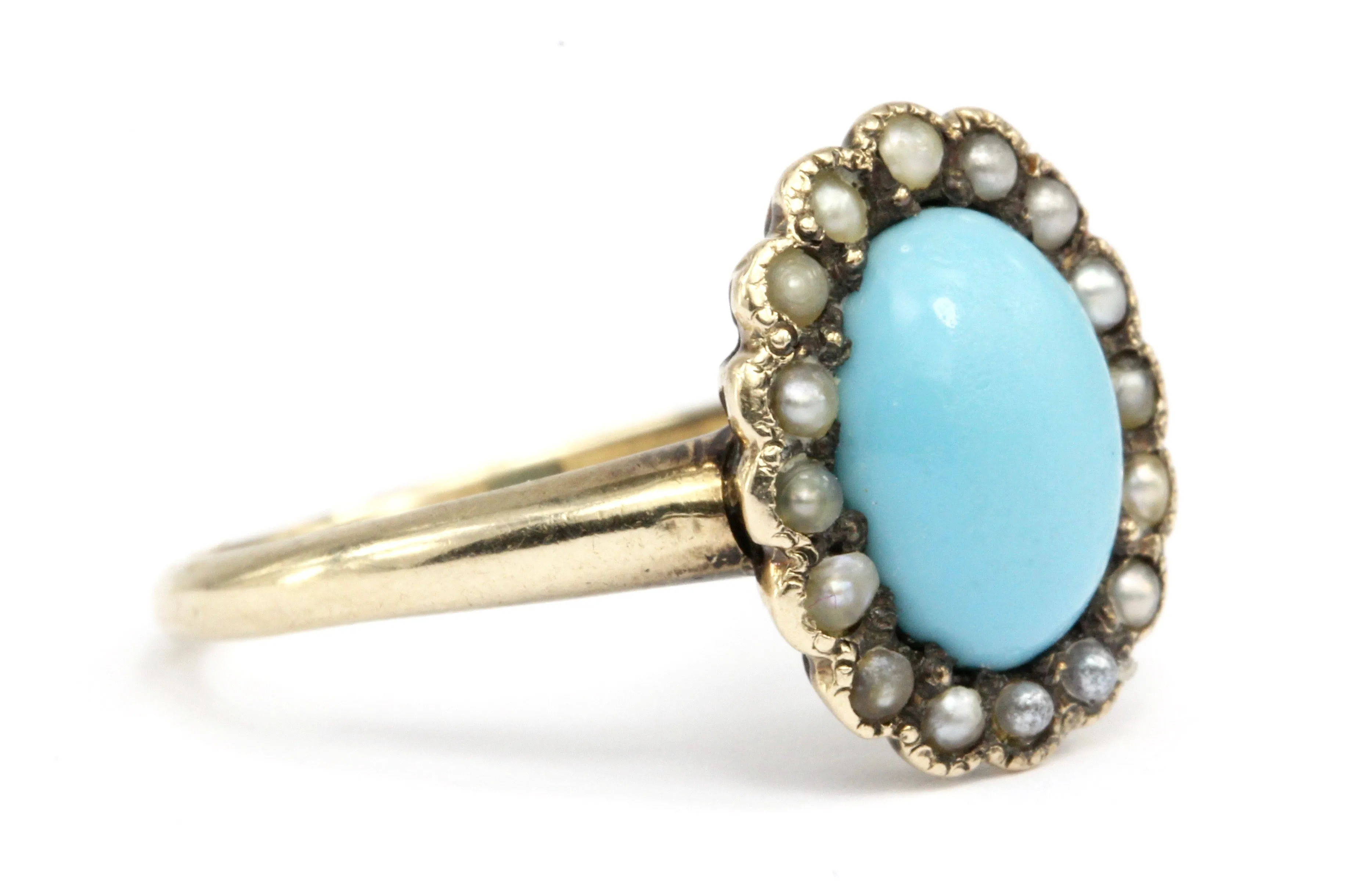Victorian 10K Yellow Gold Turquoise & Seed Pearl Ring Size 4.75