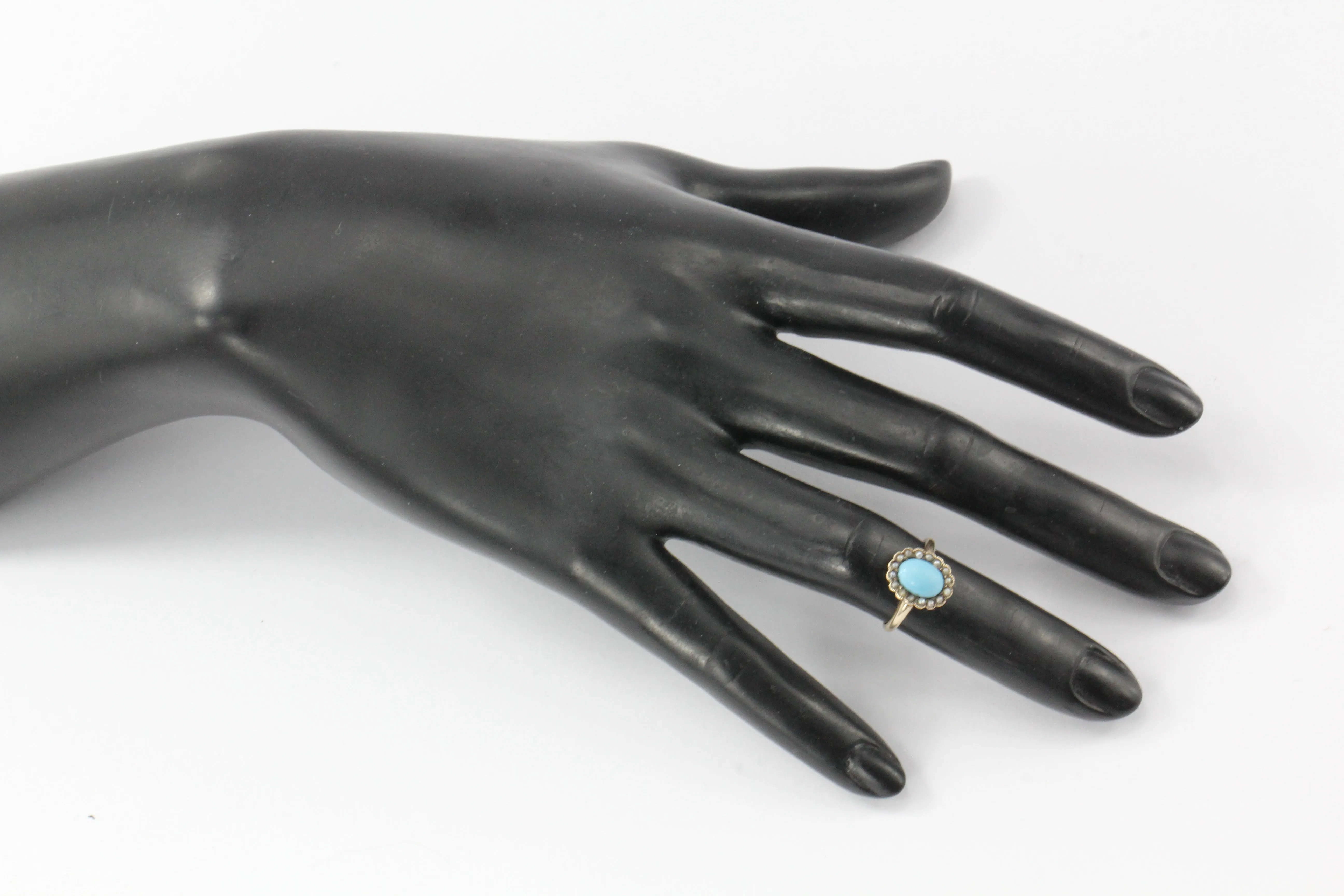 Victorian 10K Yellow Gold Turquoise & Seed Pearl Ring Size 4.75
