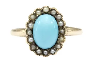 Victorian 10K Yellow Gold Turquoise & Seed Pearl Ring Size 4.75