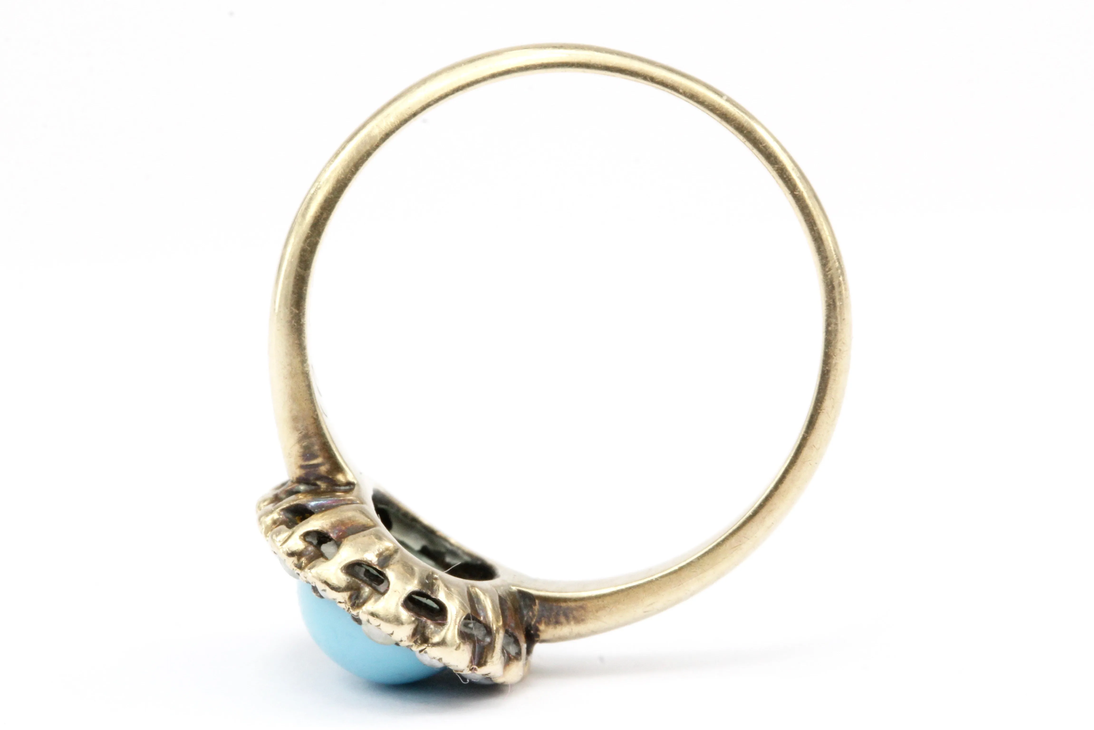 Victorian 10K Yellow Gold Turquoise & Seed Pearl Ring Size 4.75