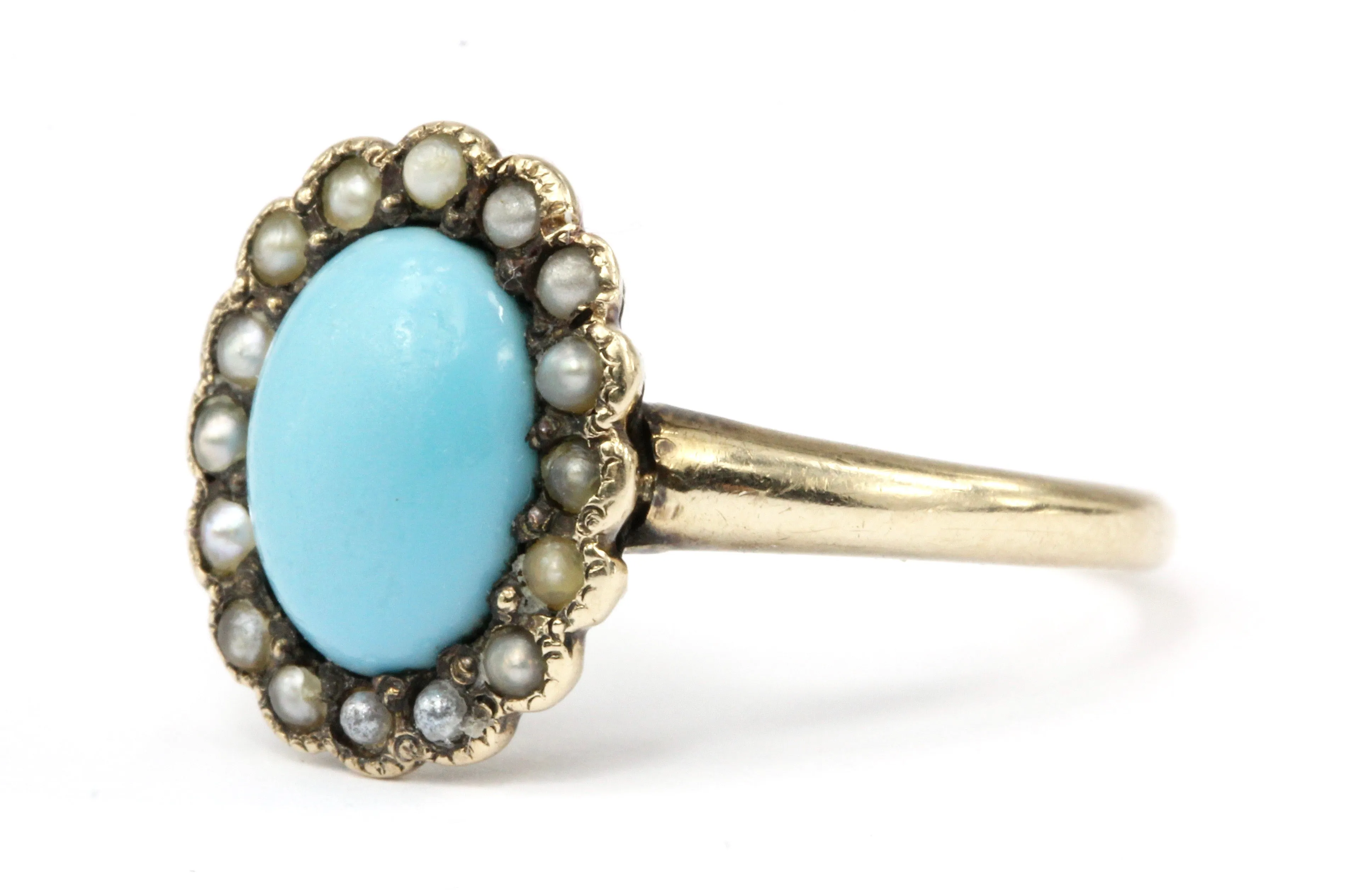 Victorian 10K Yellow Gold Turquoise & Seed Pearl Ring Size 4.75