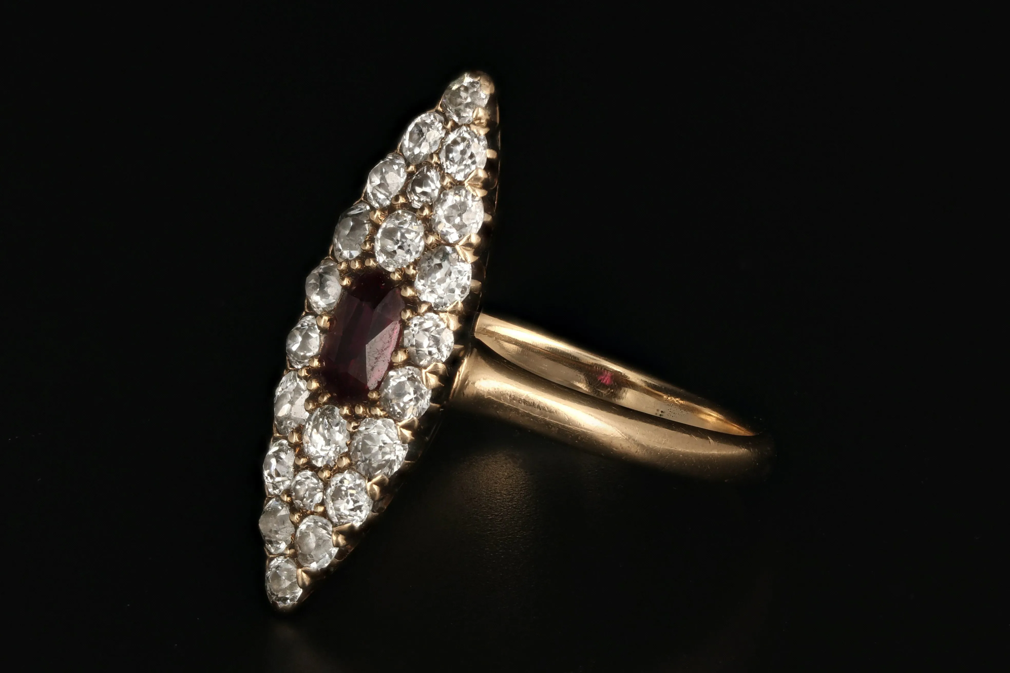 Victorian 14K Gold .30 Carat Ruby and Old European Diamond Navette Ring
