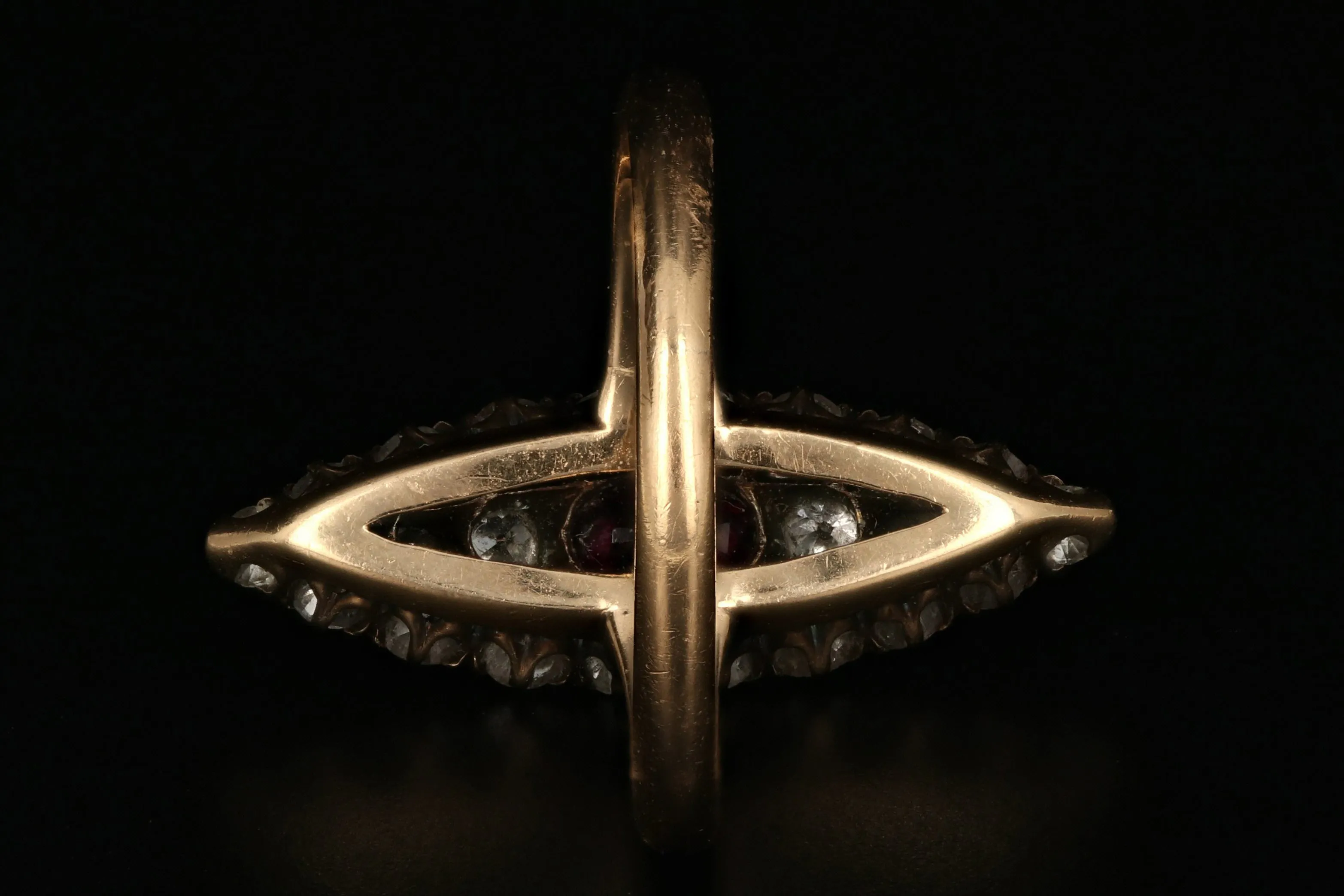 Victorian 14K Gold .30 Carat Ruby and Old European Diamond Navette Ring
