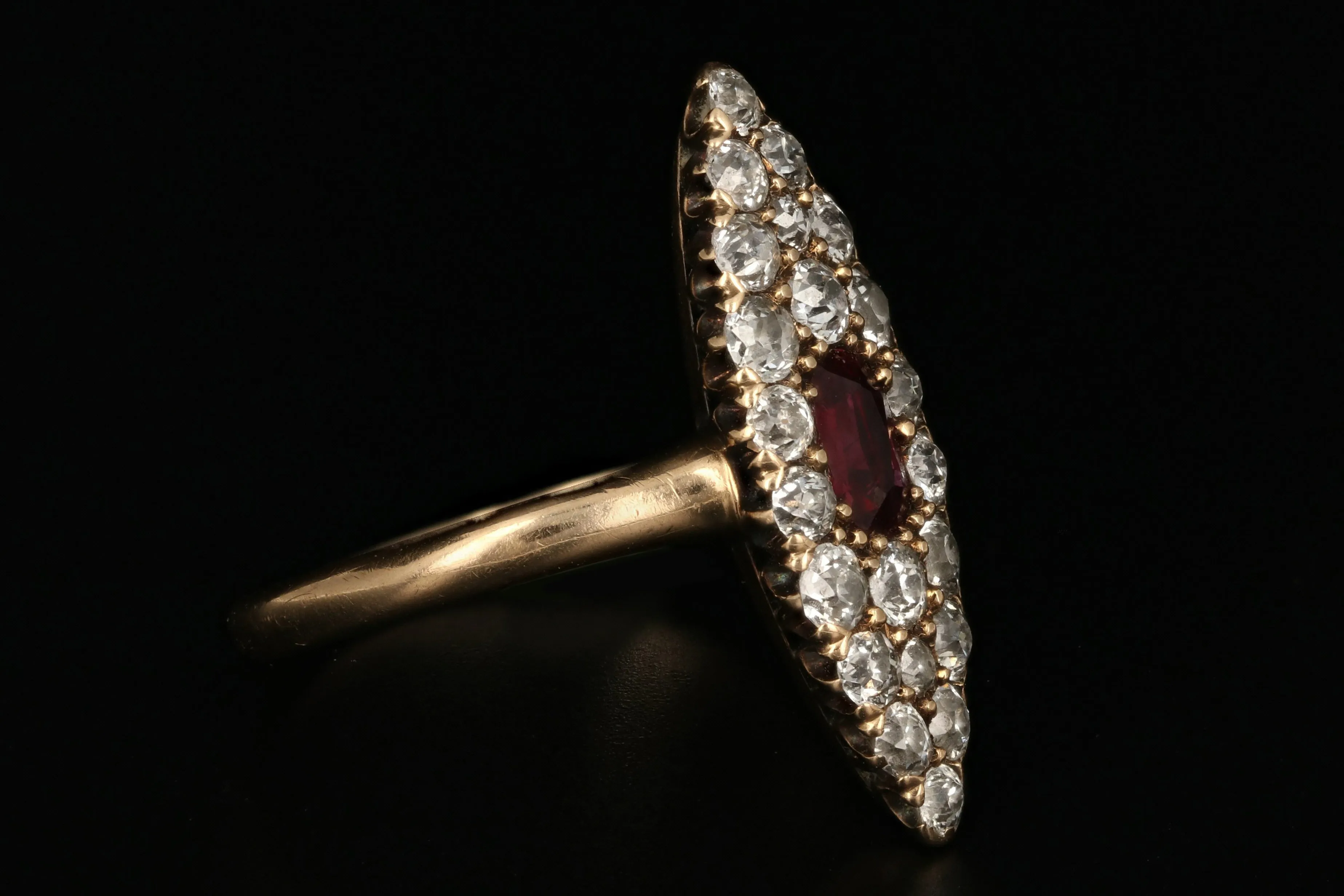 Victorian 14K Gold .30 Carat Ruby and Old European Diamond Navette Ring
