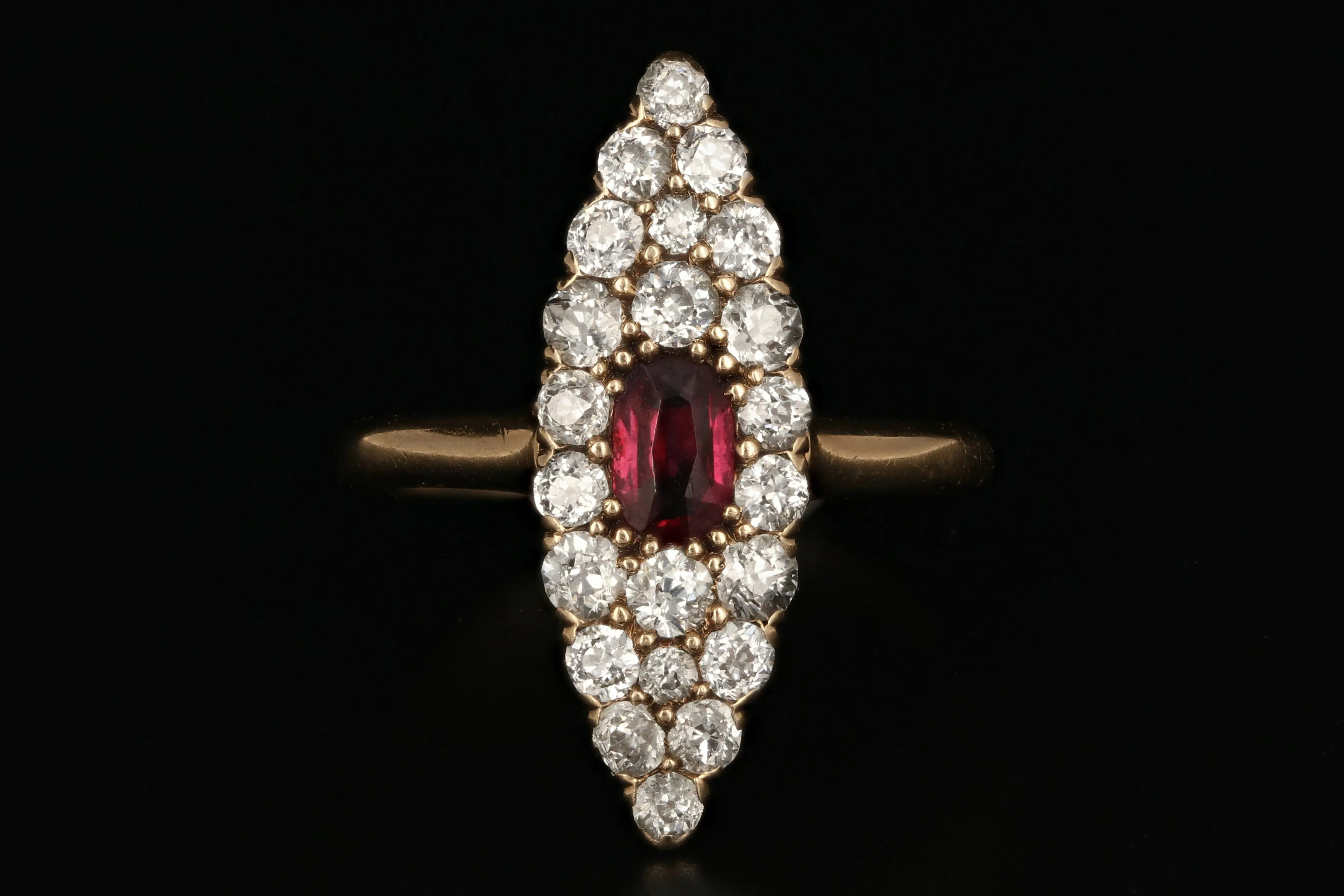 Victorian 14K Gold .30 Carat Ruby and Old European Diamond Navette Ring
