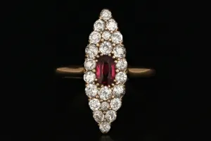 Victorian 14K Gold .30 Carat Ruby and Old European Diamond Navette Ring