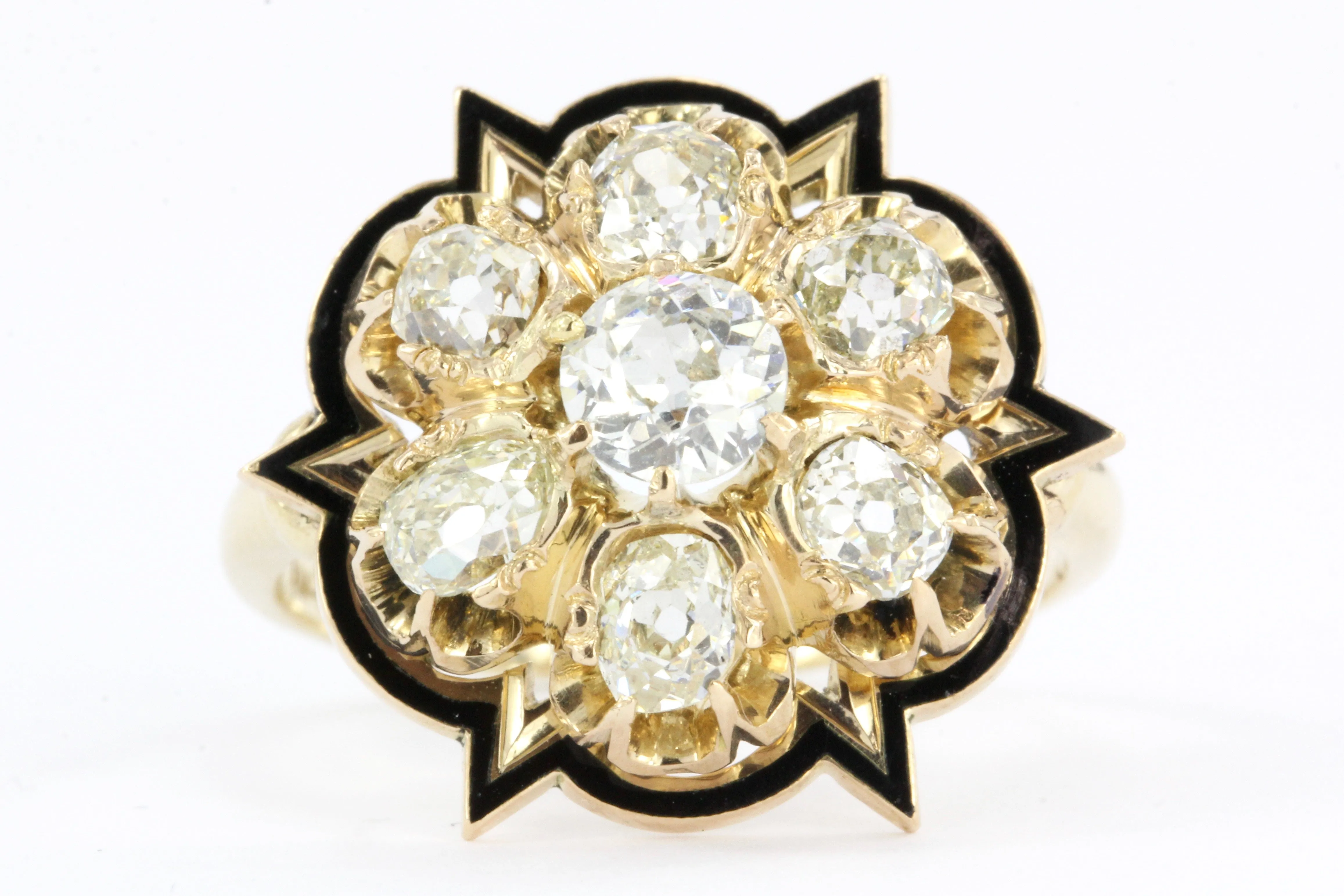 Victorian 14K Gold Black Enamel Old European & Old Mine Diamond Starburst Ring