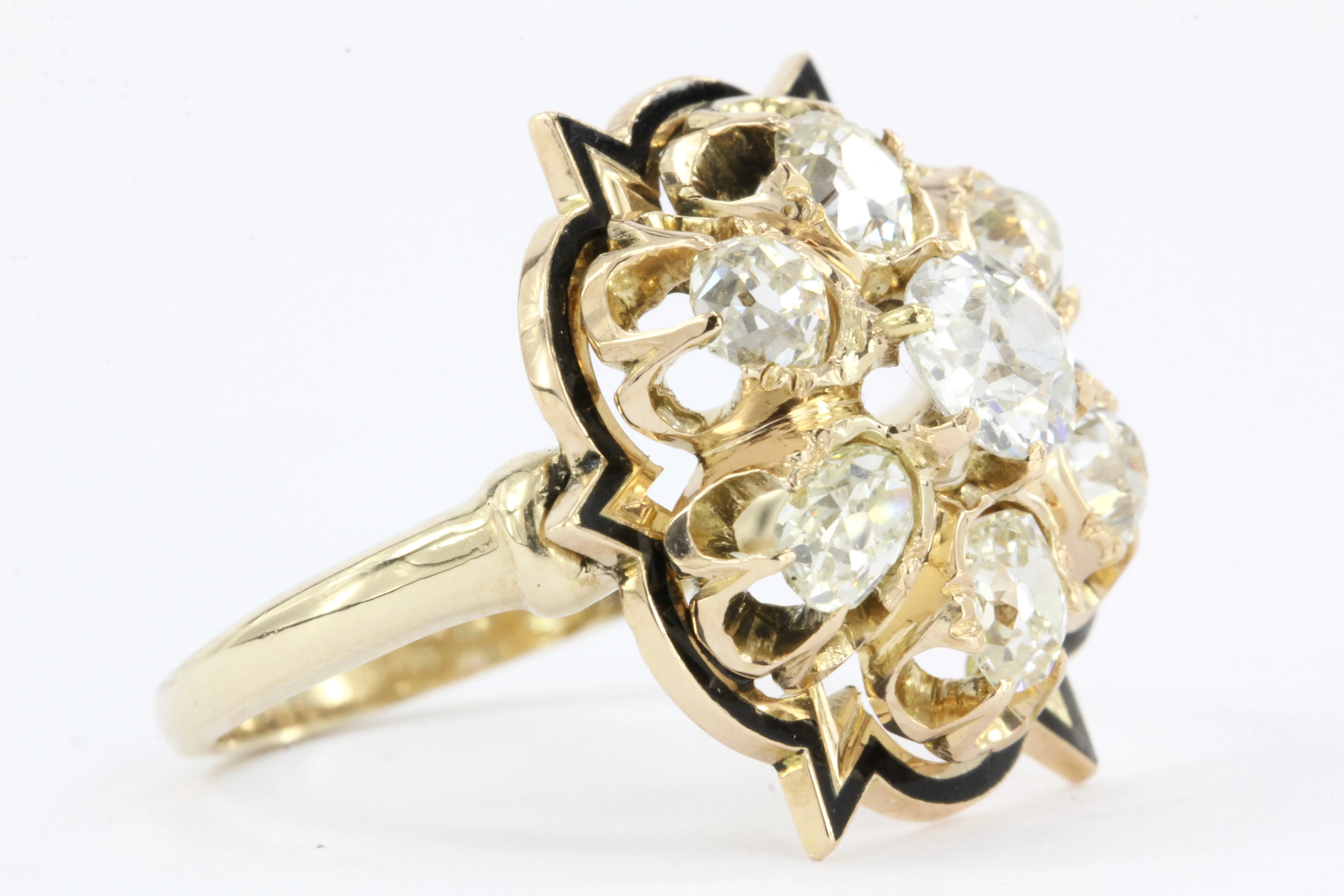 Victorian 14K Gold Black Enamel Old European & Old Mine Diamond Starburst Ring