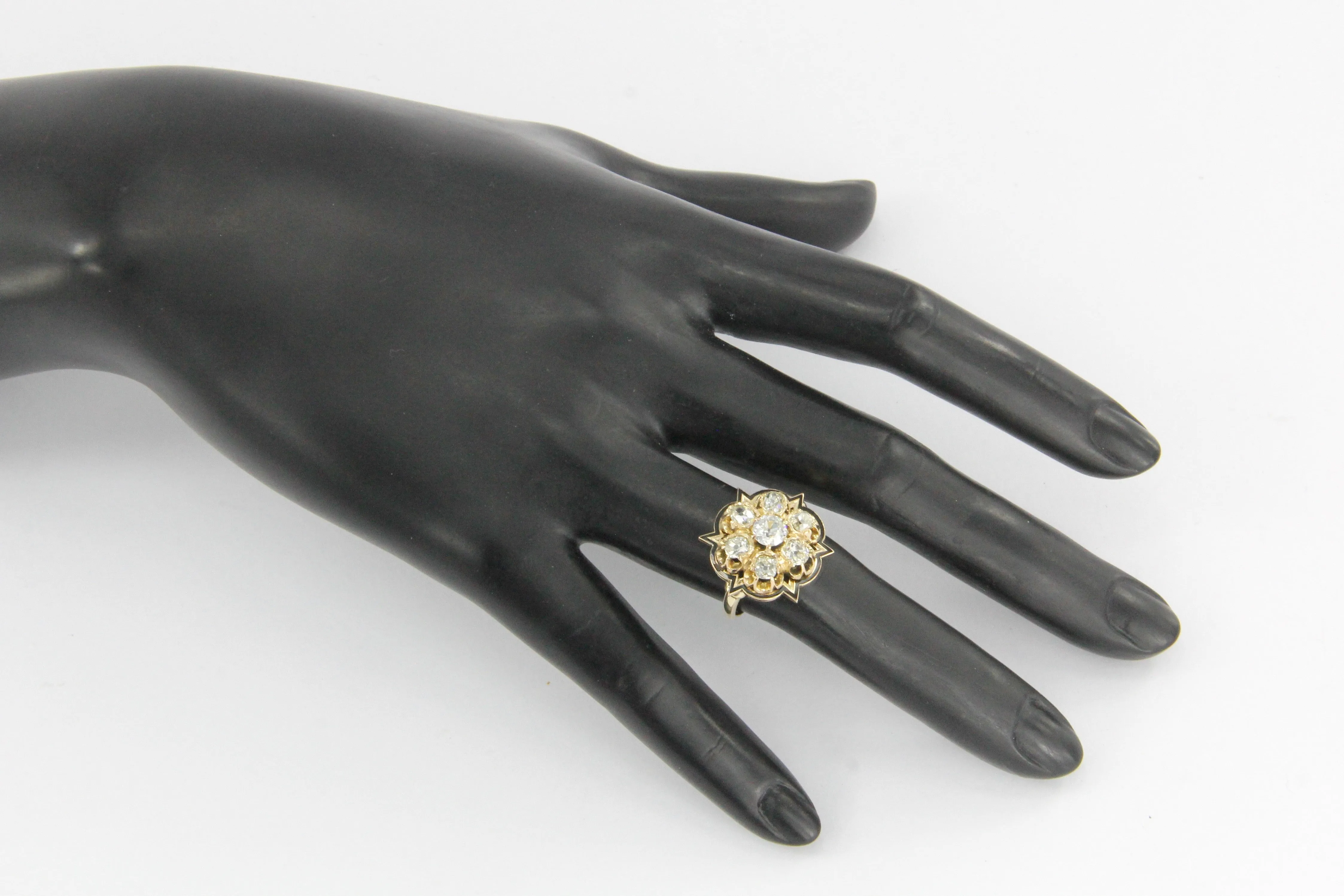 Victorian 14K Gold Black Enamel Old European & Old Mine Diamond Starburst Ring
