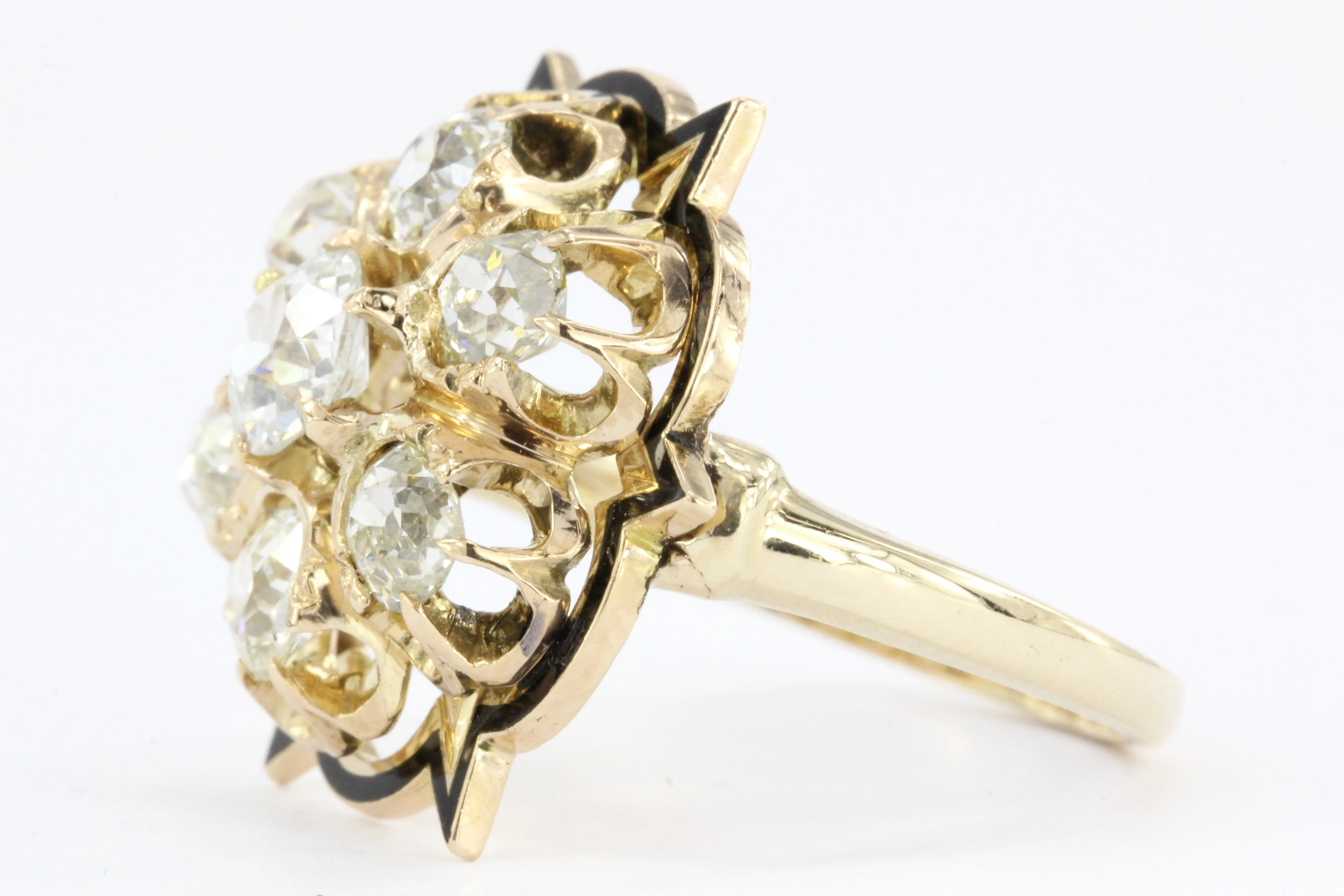 Victorian 14K Gold Black Enamel Old European & Old Mine Diamond Starburst Ring