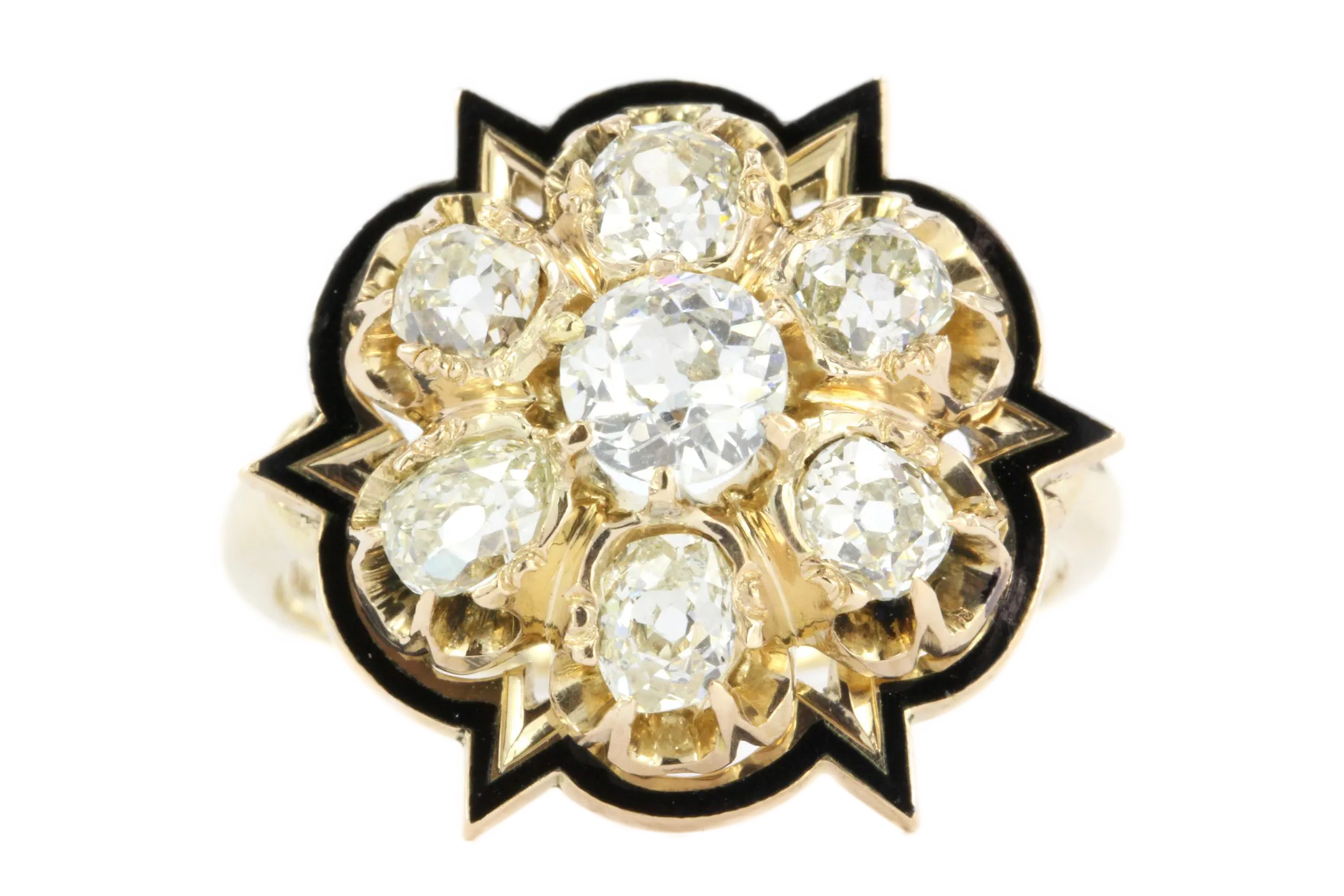 Victorian 14K Gold Black Enamel Old European & Old Mine Diamond Starburst Ring