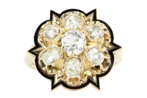 Victorian 14K Gold Black Enamel Old European & Old Mine Diamond Starburst Ring