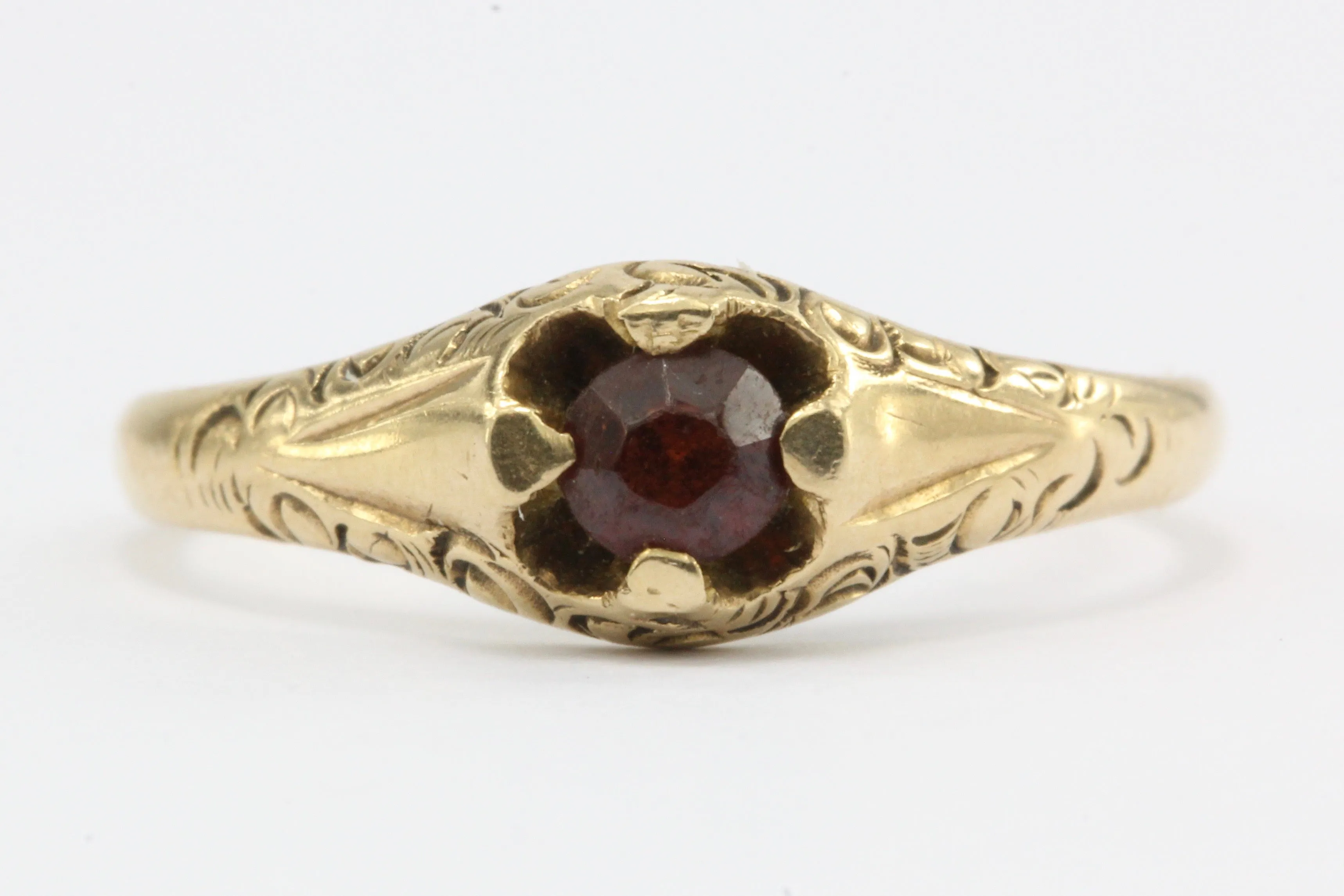 Victorian 14K Gold Garnet Belcher Mount Baby Ring C.1890's