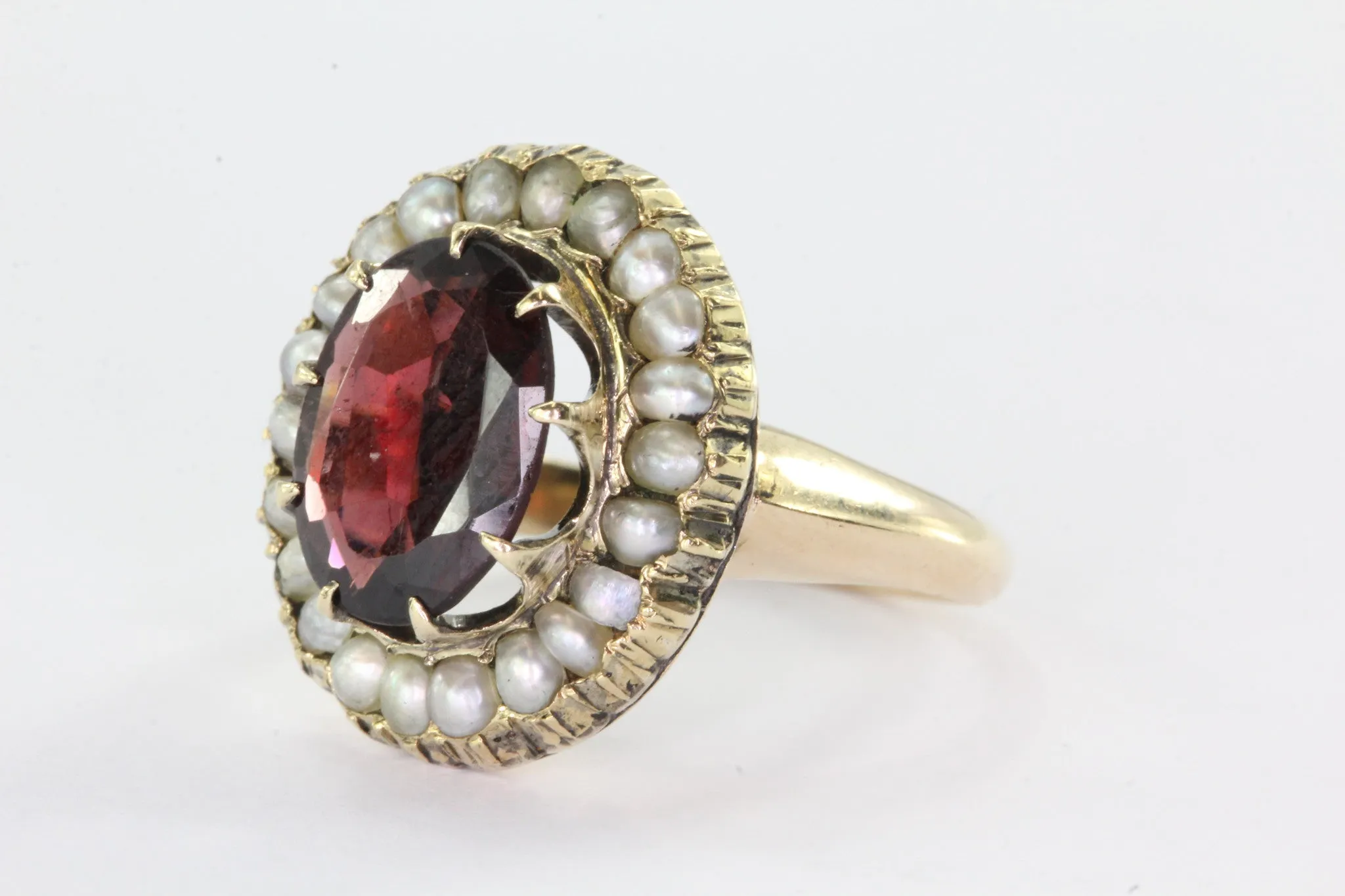 Victorian 14K Gold Garnet Seed Pearl Halo Ring