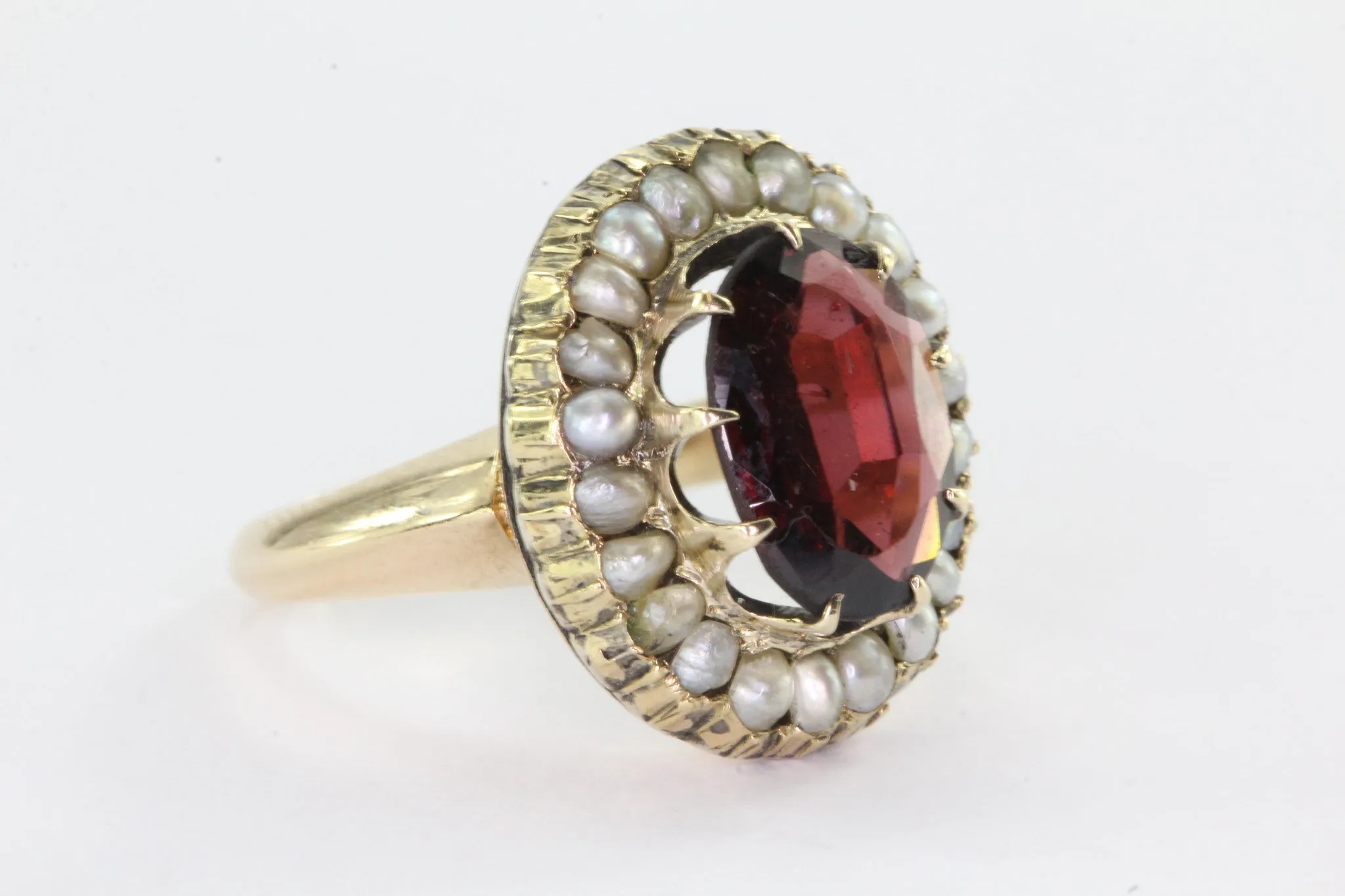 Victorian 14K Gold Garnet Seed Pearl Halo Ring