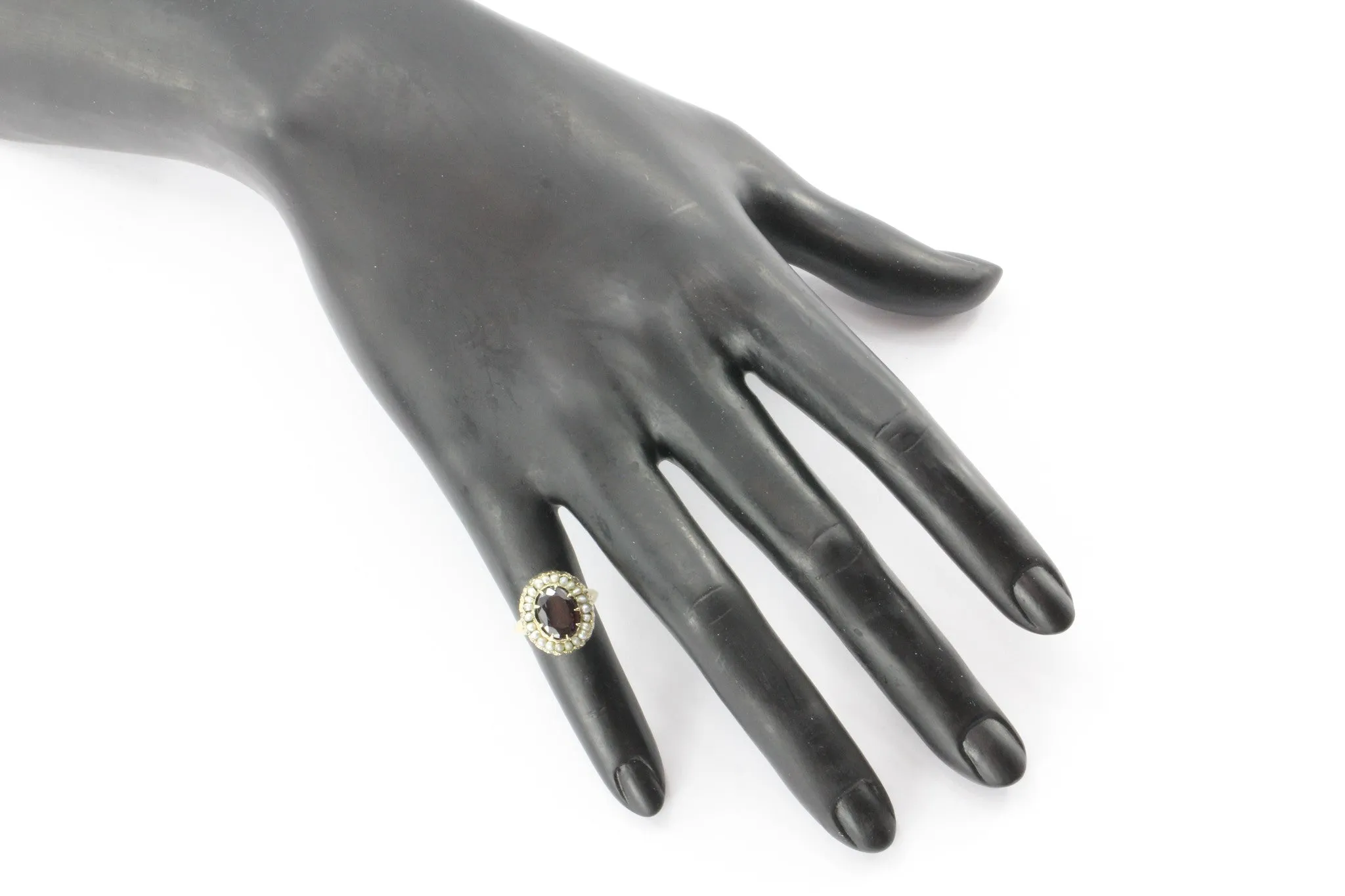 Victorian 14K Gold Garnet Seed Pearl Halo Ring