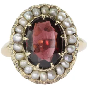 Victorian 14K Gold Garnet Seed Pearl Halo Ring