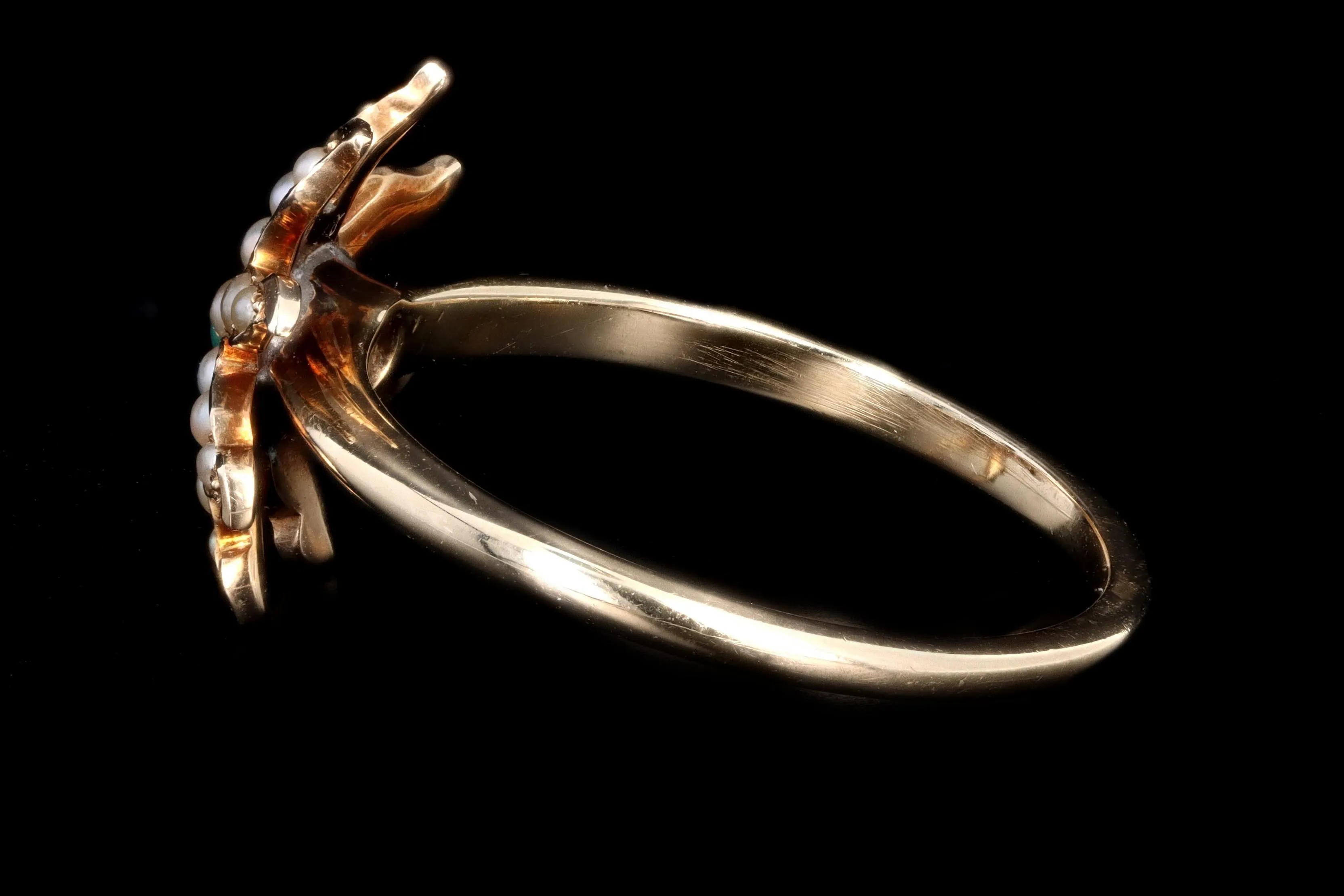 Victorian 14K Yellow Gold Chrysoprase & Seed Pearl Flower Conversion Ring