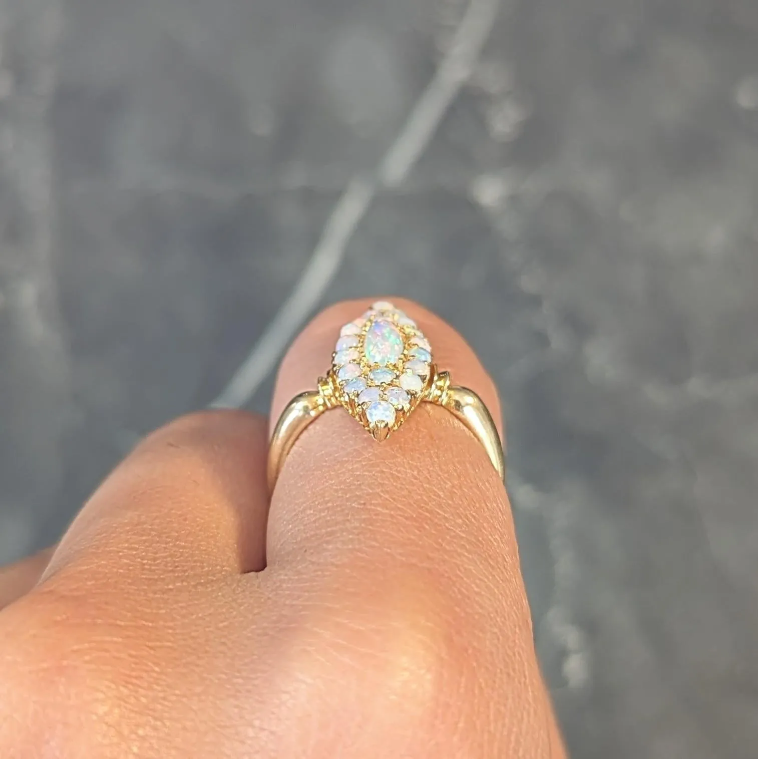 Victorian 1897 Opal Cabochon 18 Karat Yellow Gold Antique Navette Cluster Ring