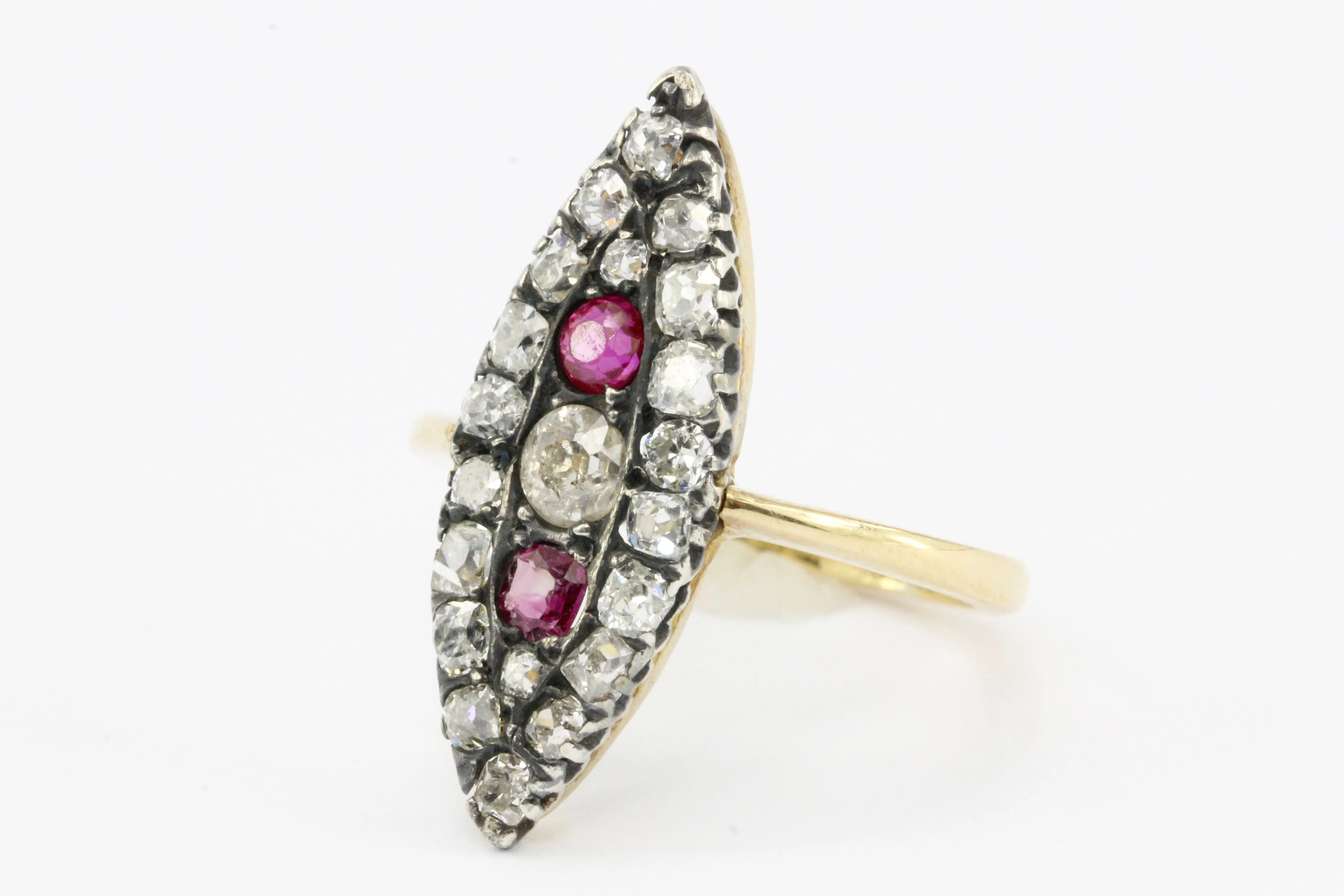 Victorian 18K Gold Silver Top Old Mine Diamond & Ruby Navette Ring