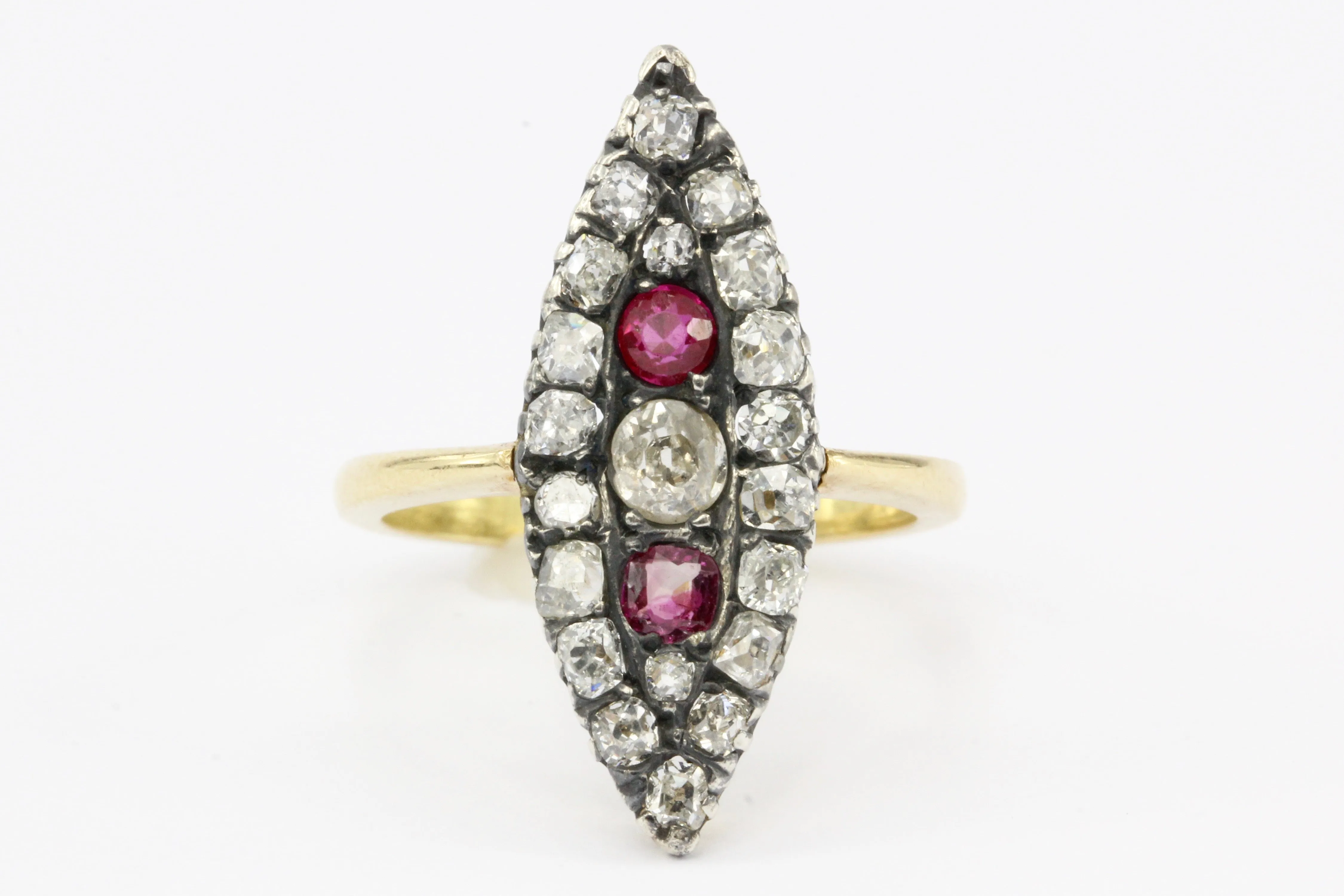 Victorian 18K Gold Silver Top Old Mine Diamond & Ruby Navette Ring