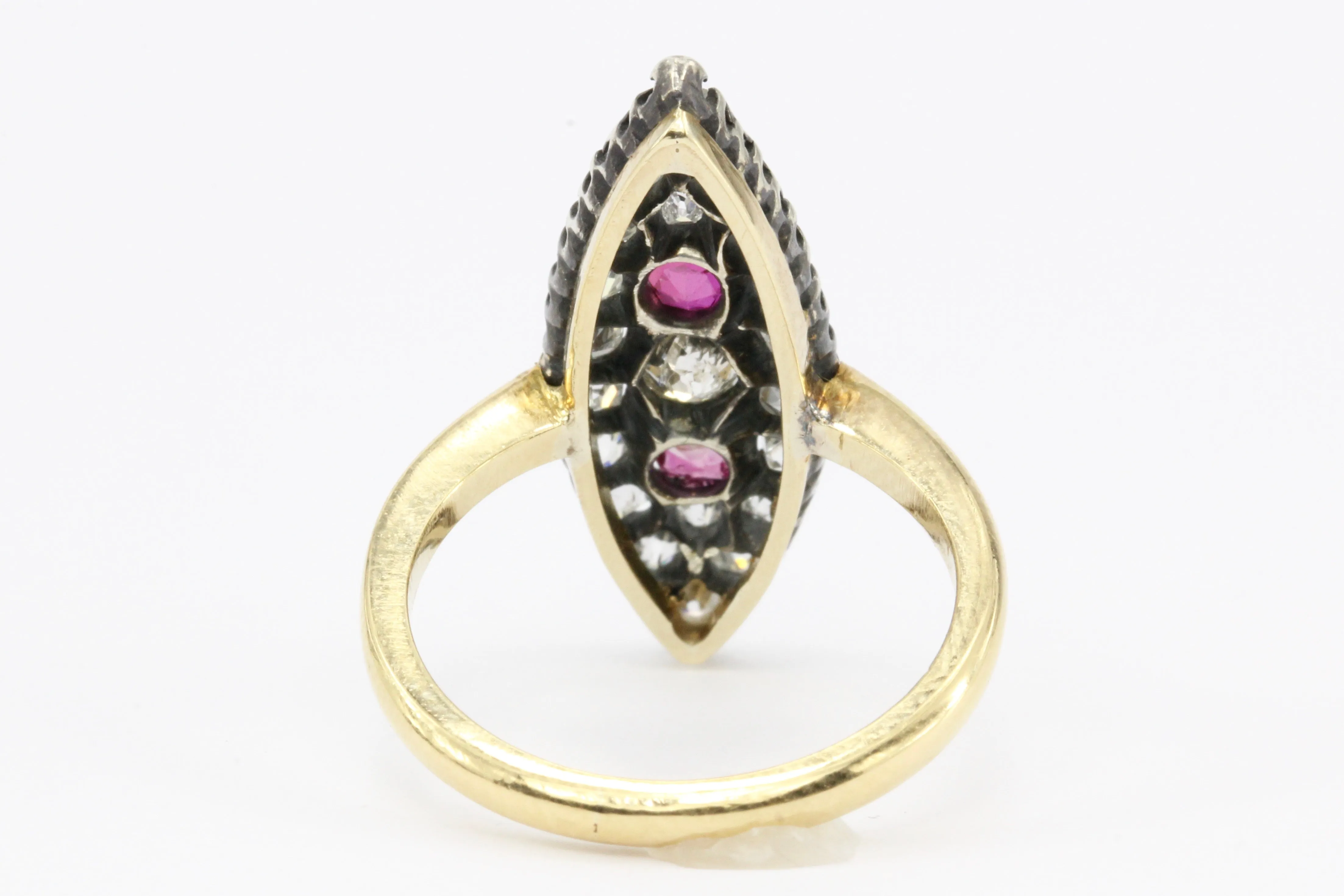 Victorian 18K Gold Silver Top Old Mine Diamond & Ruby Navette Ring