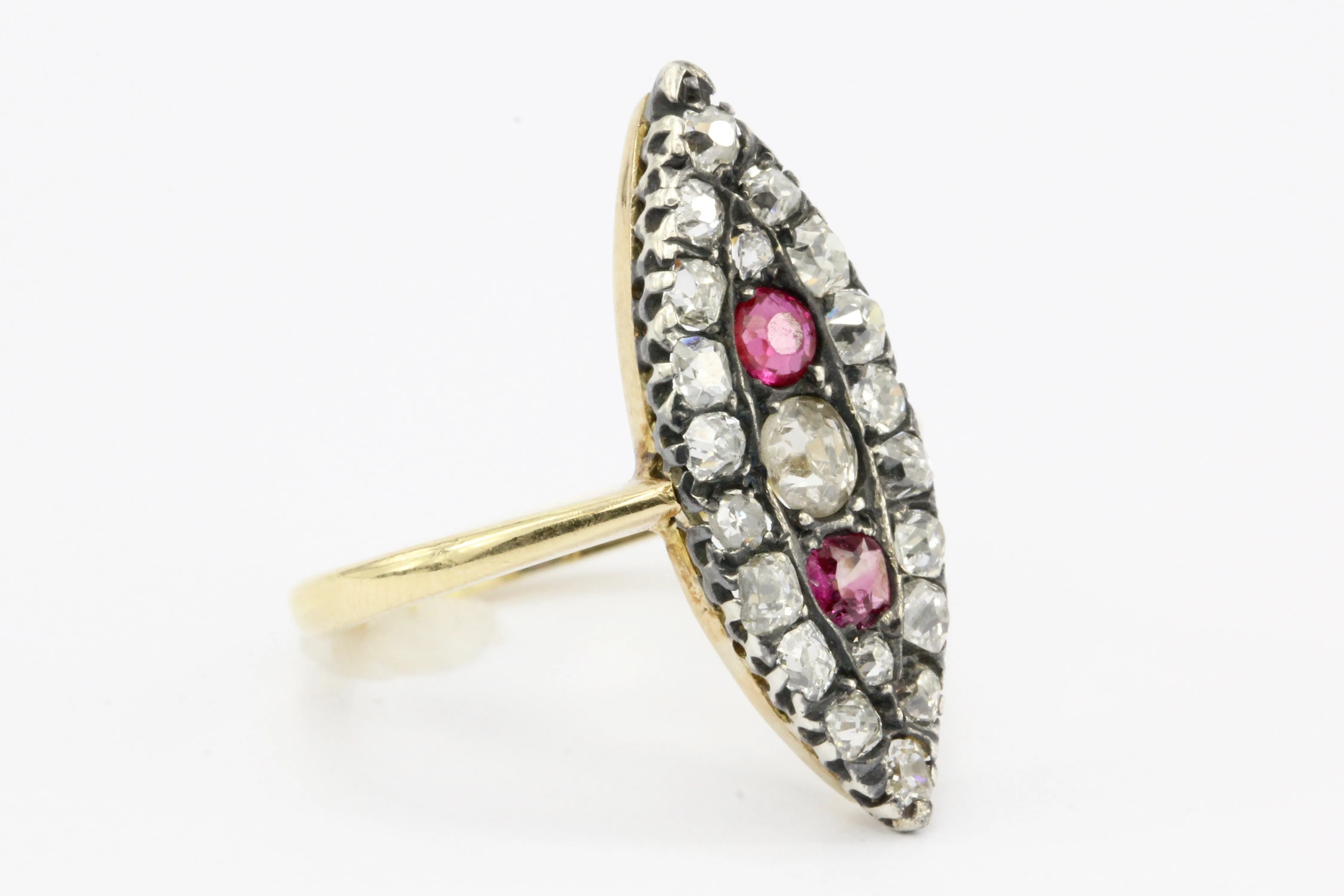Victorian 18K Gold Silver Top Old Mine Diamond & Ruby Navette Ring