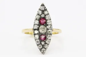 Victorian 18K Gold Silver Top Old Mine Diamond & Ruby Navette Ring