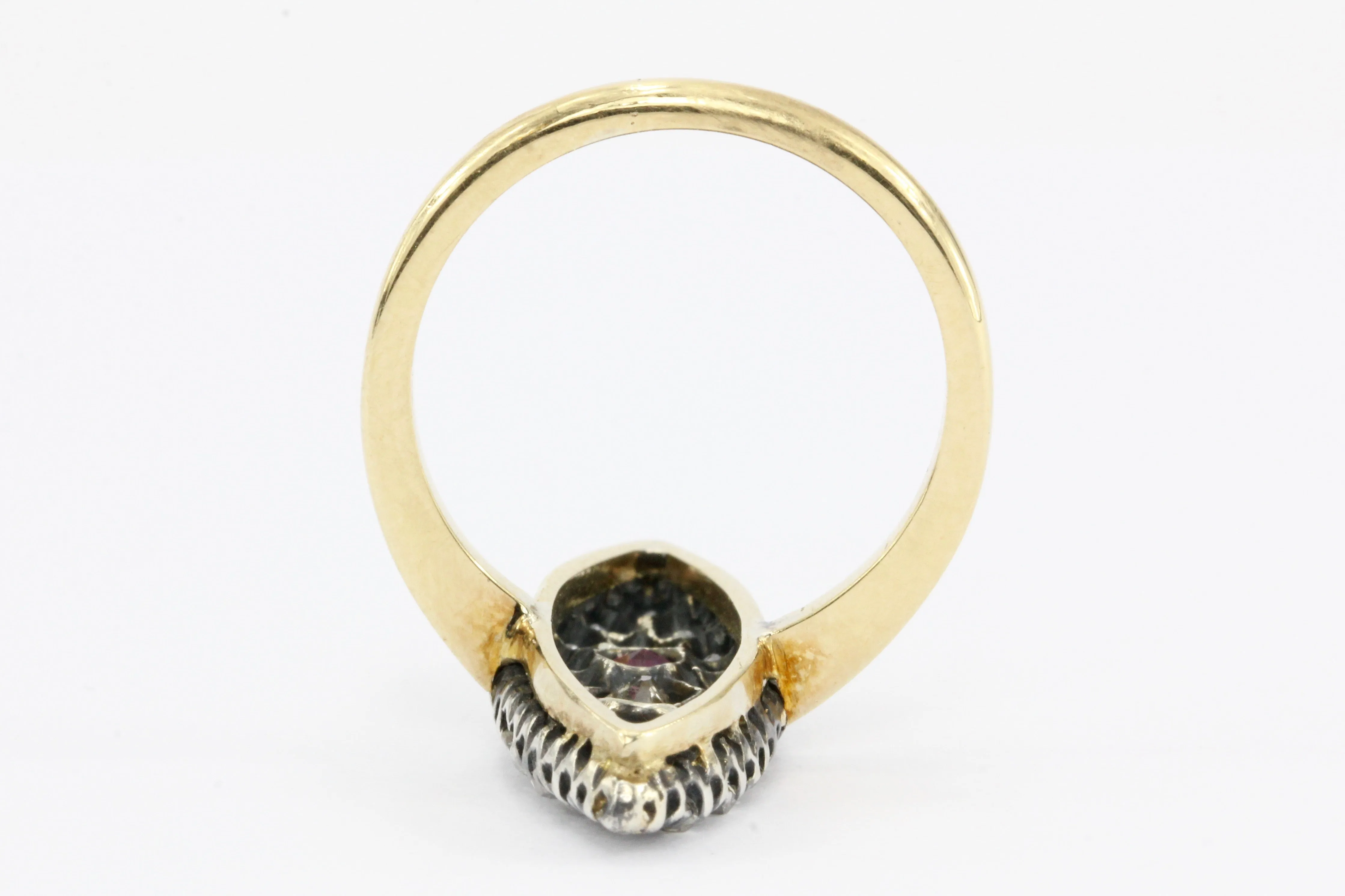 Victorian 18K Gold Silver Top Old Mine Diamond & Ruby Navette Ring