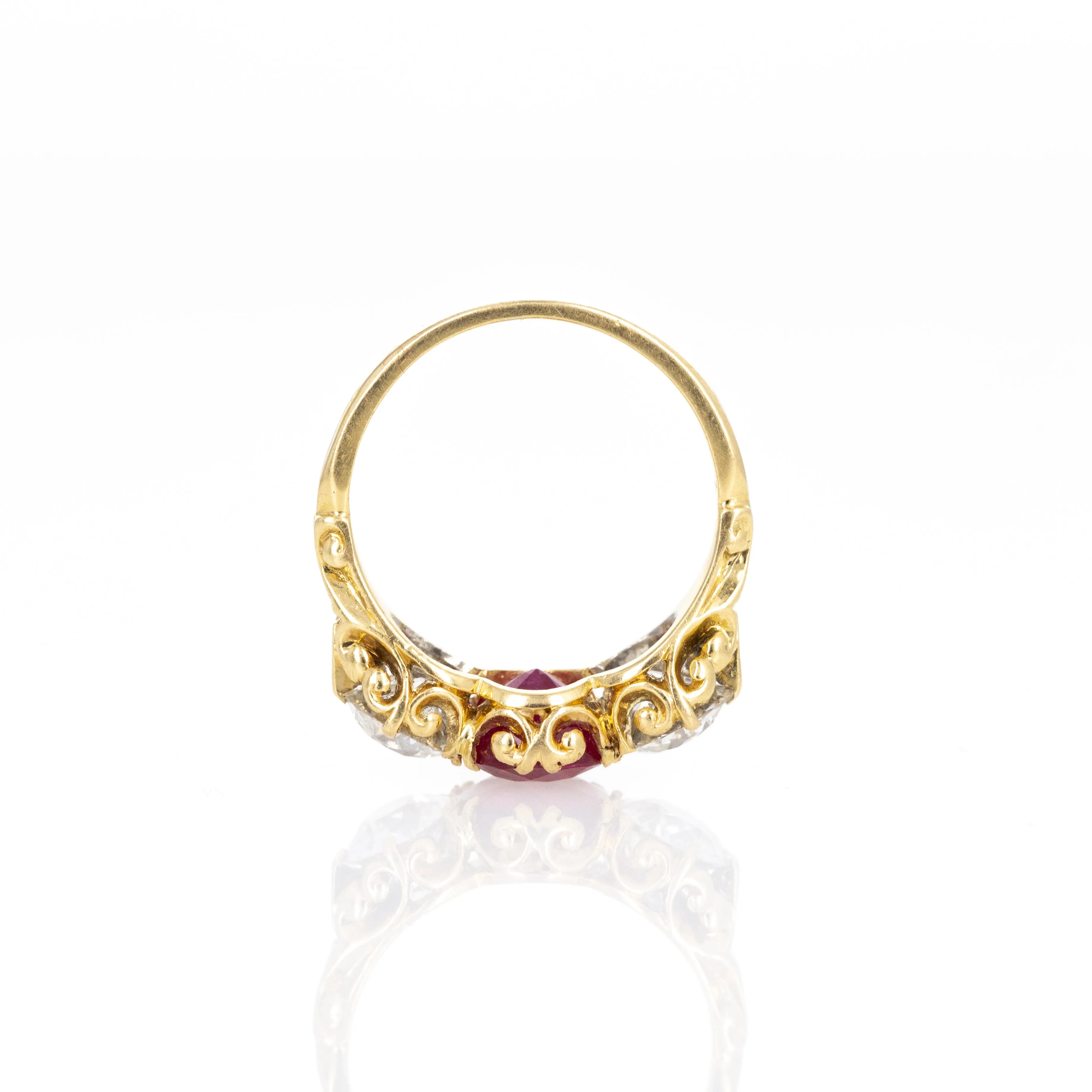 Victorian 18K Yellow Gold 2.21 Carat Burma Ruby Old European Diamond Three Stone Ring