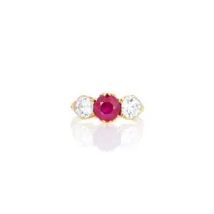 Victorian 18K Yellow Gold 2.21 Carat Burma Ruby Old European Diamond Three Stone Ring