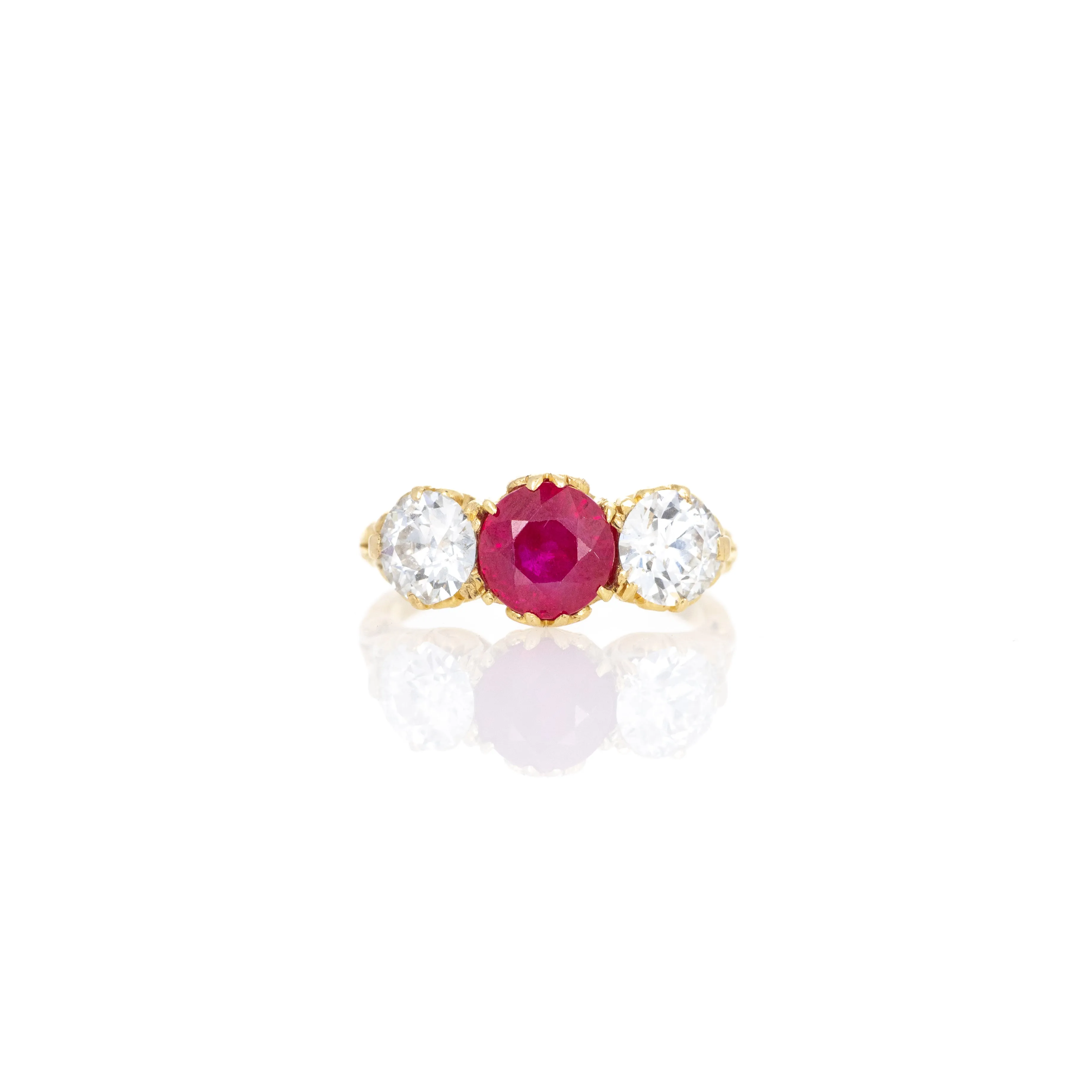 Victorian 18K Yellow Gold 2.21 Carat Burma Ruby Old European Diamond Three Stone Ring