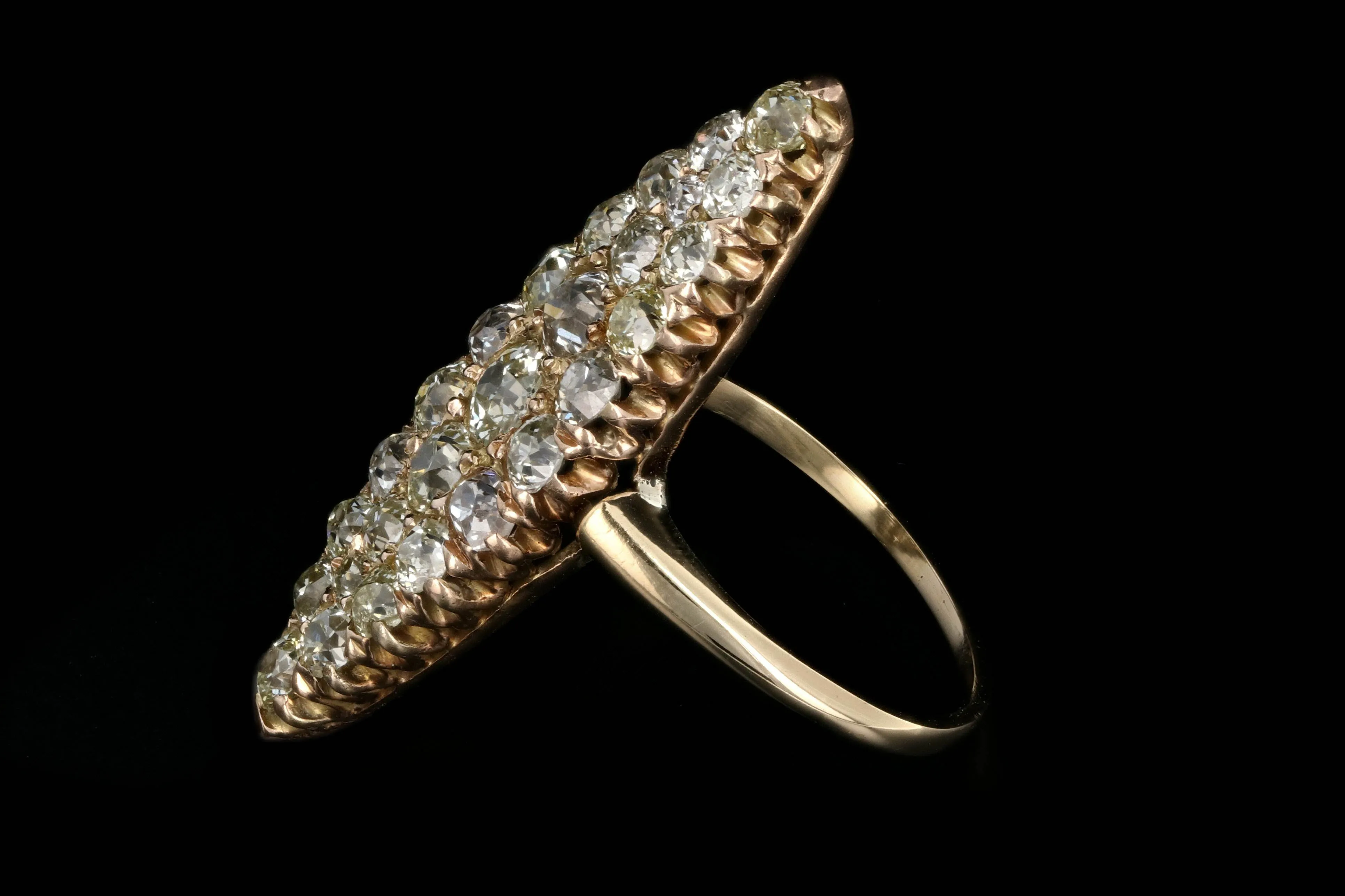 Victorian 18K Yellow Gold 4 Carat Total Weight Old Cut Diamond Navette Ring